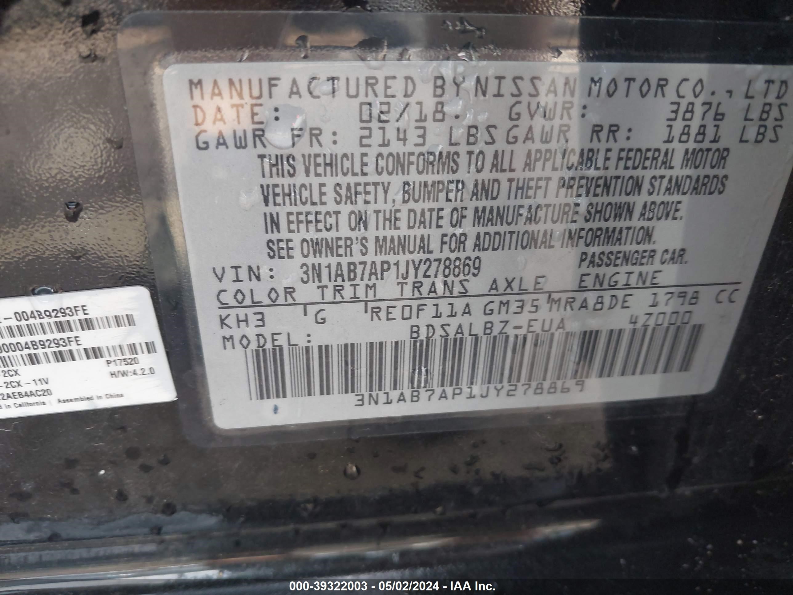 Photo 8 VIN: 3N1AB7AP1JY278869 - NISSAN SENTRA 