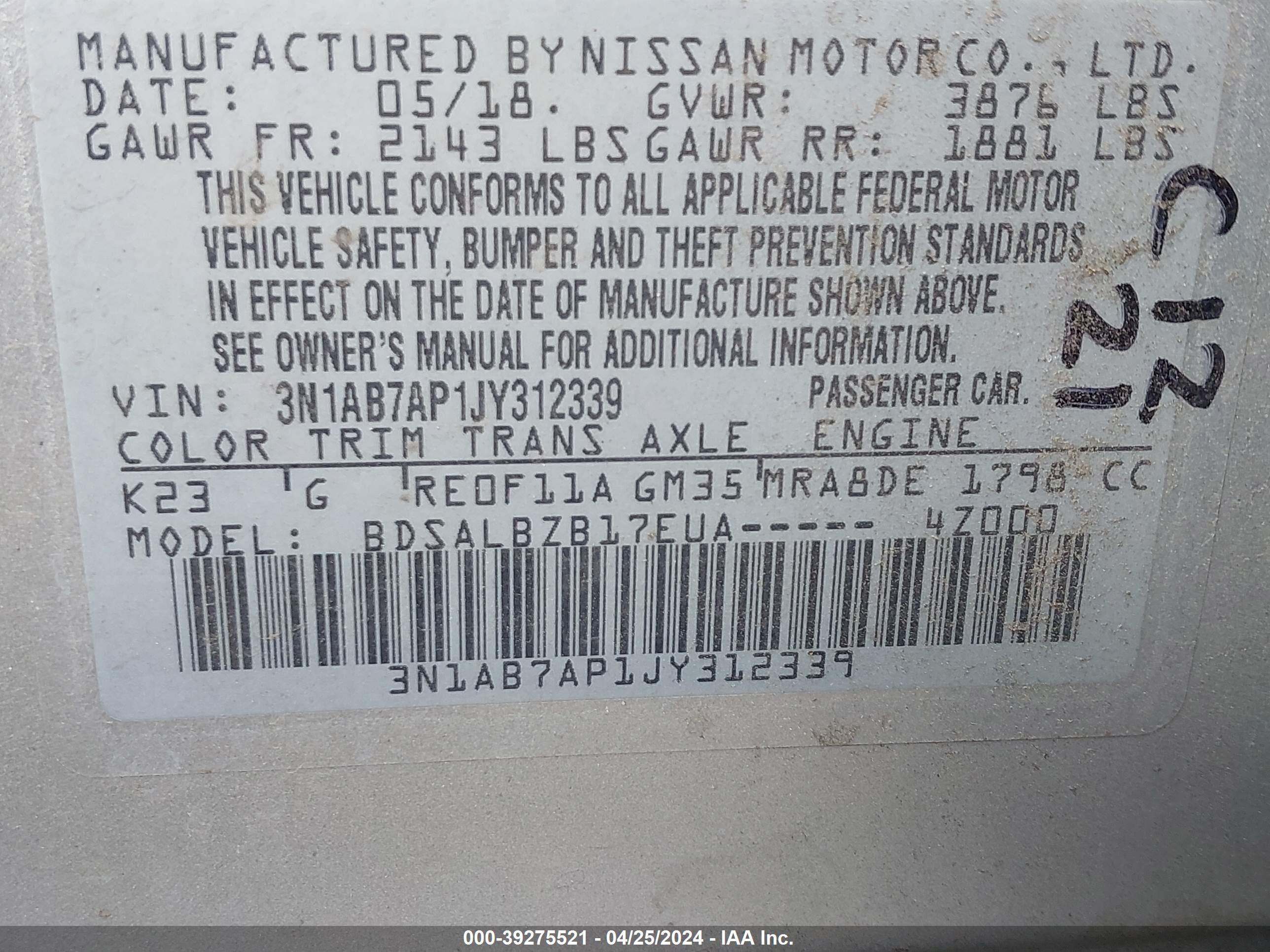 Photo 8 VIN: 3N1AB7AP1JY312339 - NISSAN SENTRA 