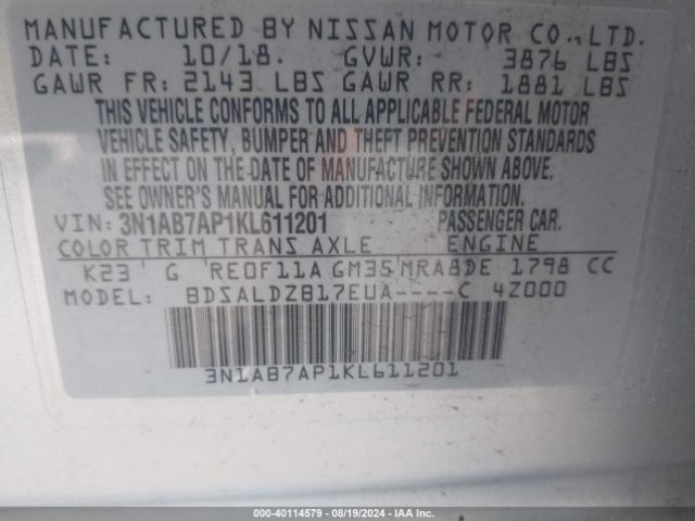 Photo 8 VIN: 3N1AB7AP1KL611201 - NISSAN SENTRA 