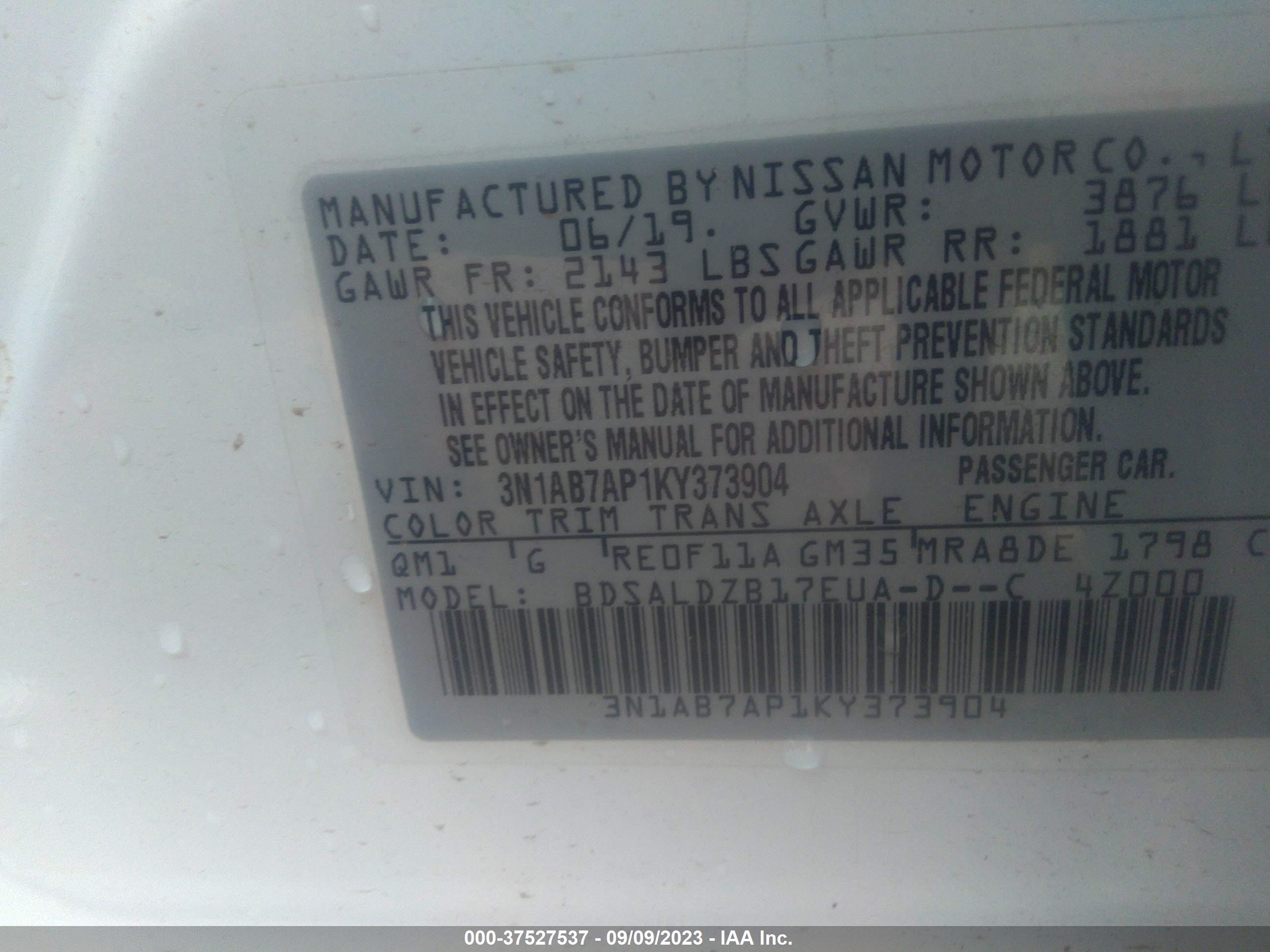 Photo 8 VIN: 3N1AB7AP1KY373904 - NISSAN SENTRA 