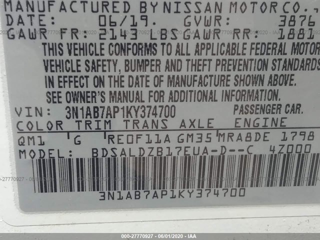 Photo 8 VIN: 3N1AB7AP1KY374700 - NISSAN SENTRA 