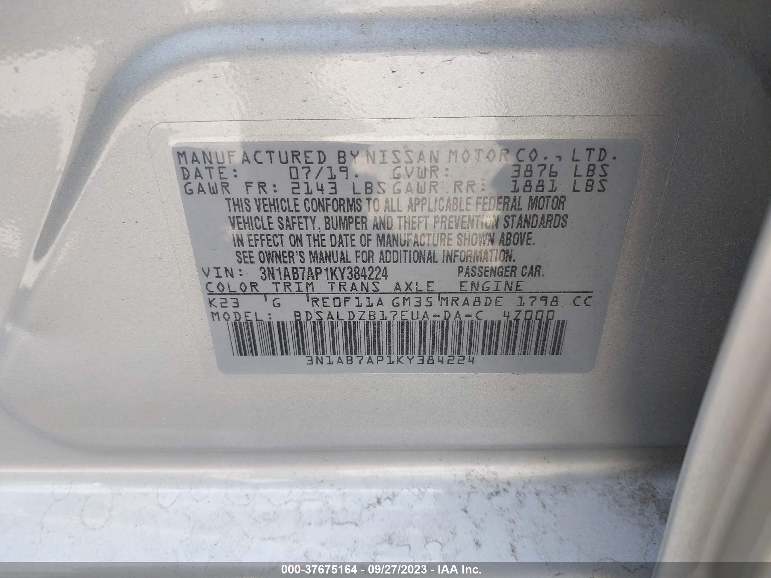 Photo 8 VIN: 3N1AB7AP1KY384224 - NISSAN SENTRA 