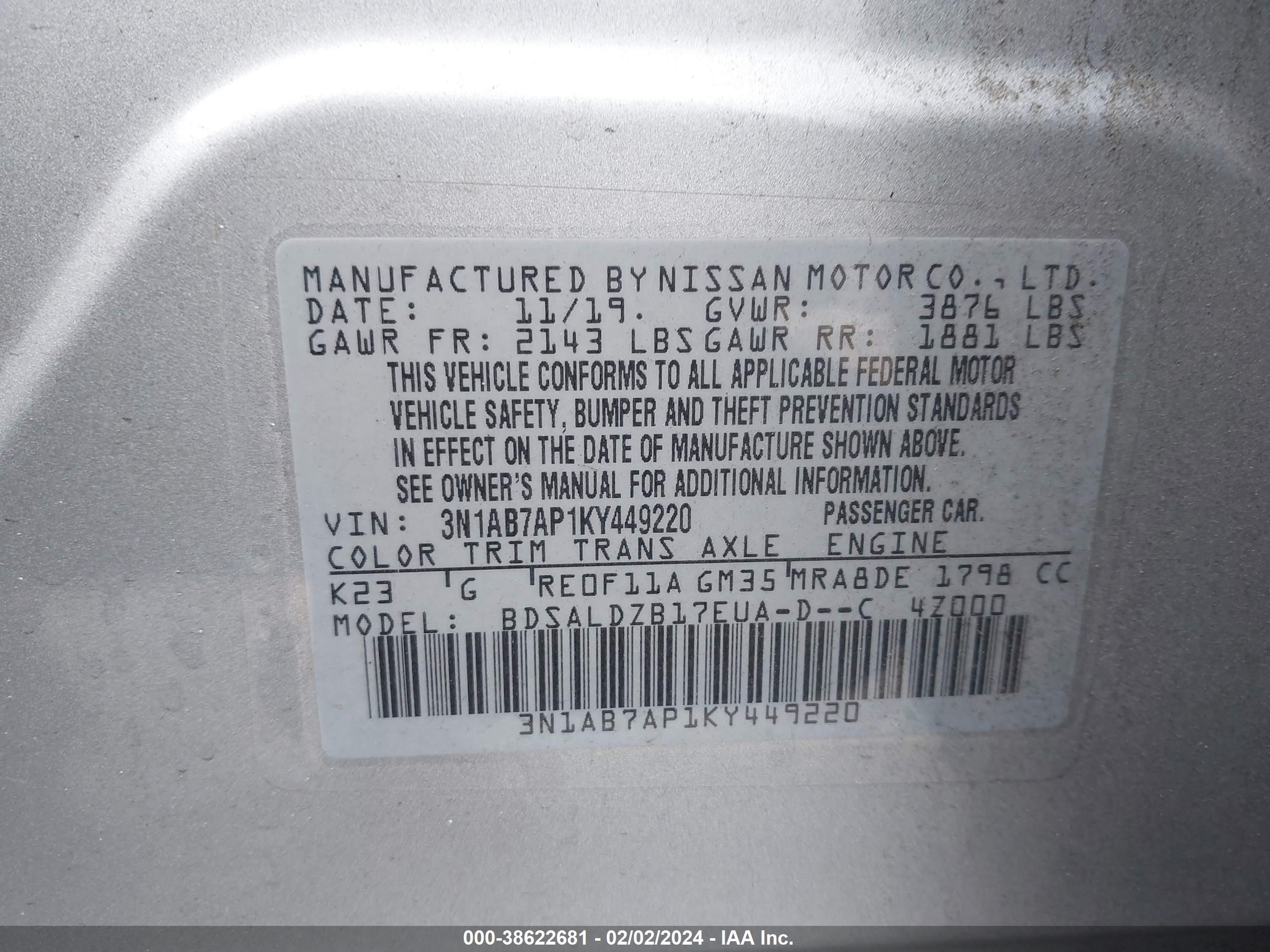 Photo 8 VIN: 3N1AB7AP1KY449220 - NISSAN SENTRA 