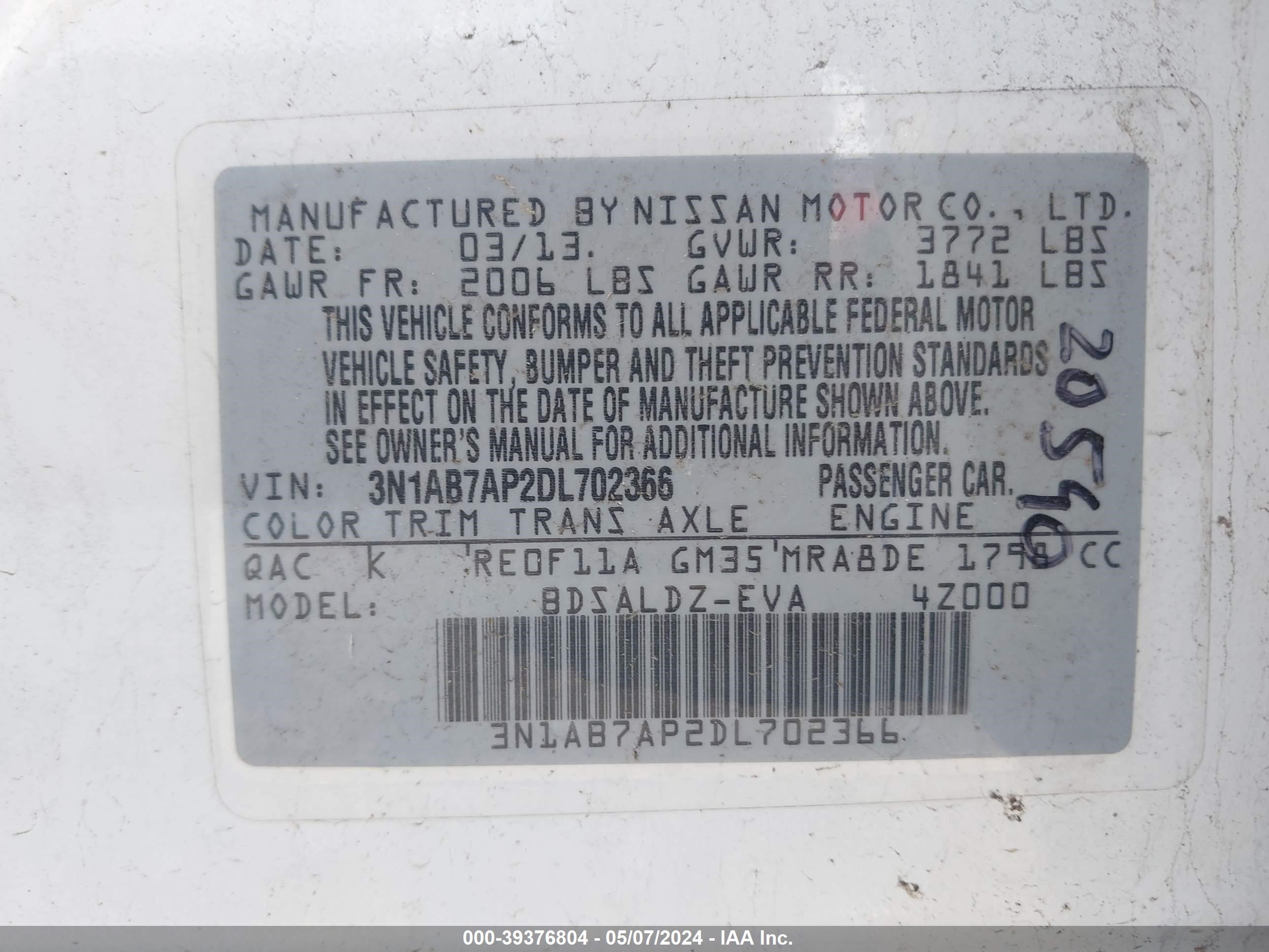 Photo 8 VIN: 3N1AB7AP2DL702366 - NISSAN SENTRA 