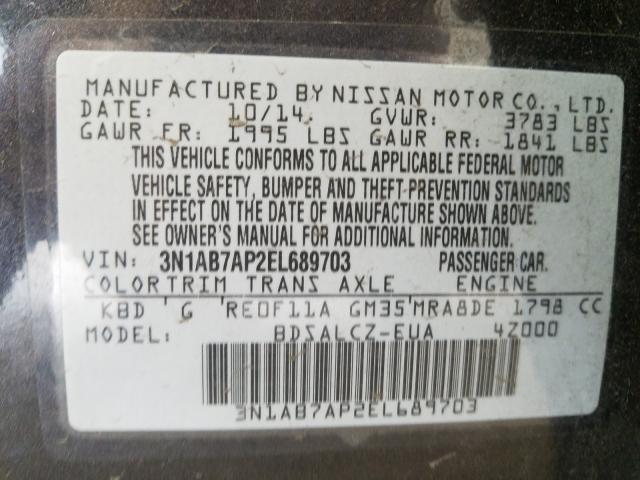 Photo 9 VIN: 3N1AB7AP2EL689703 - NISSAN SENTRA S 