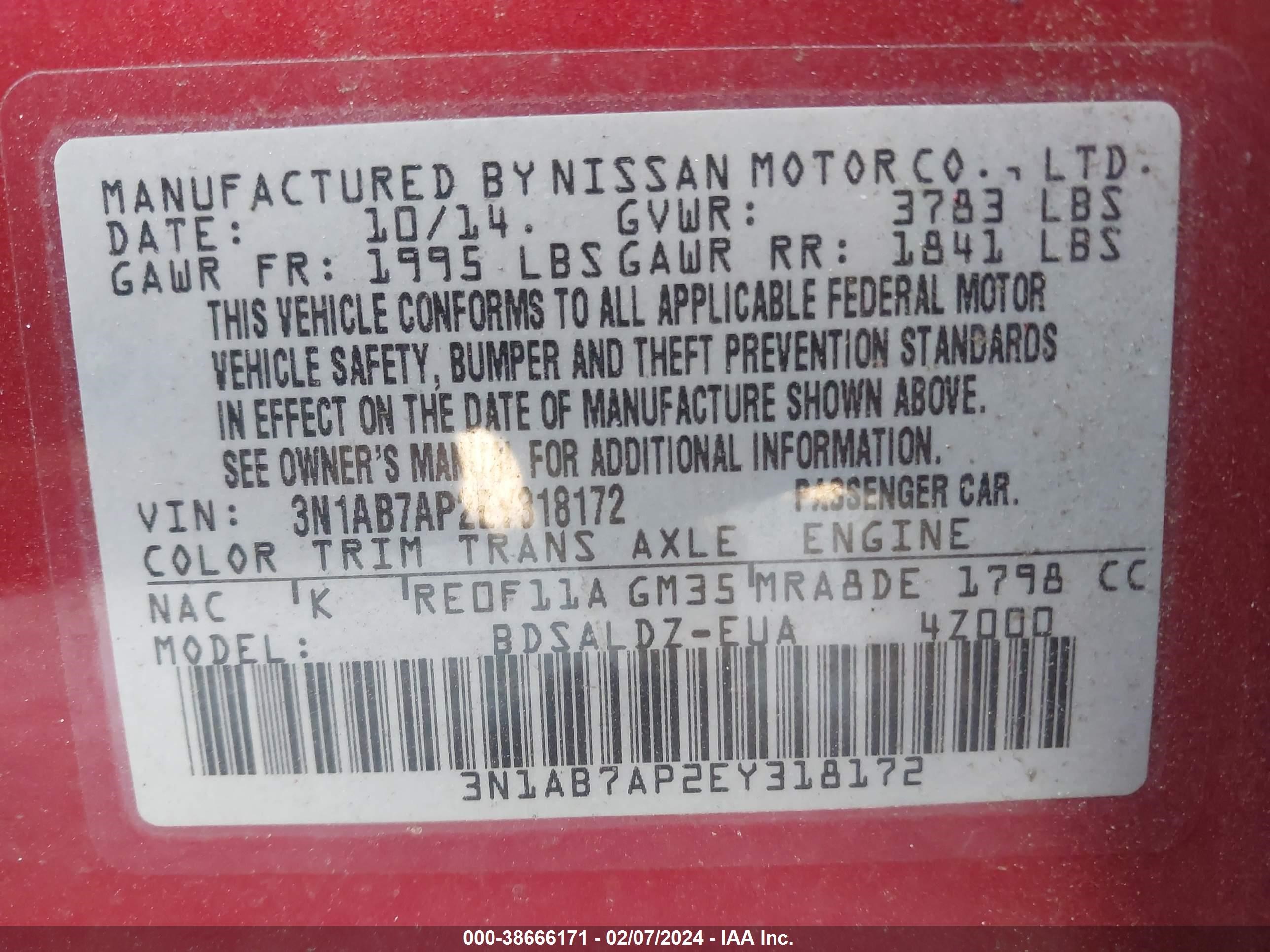 Photo 8 VIN: 3N1AB7AP2EY318172 - NISSAN SENTRA 