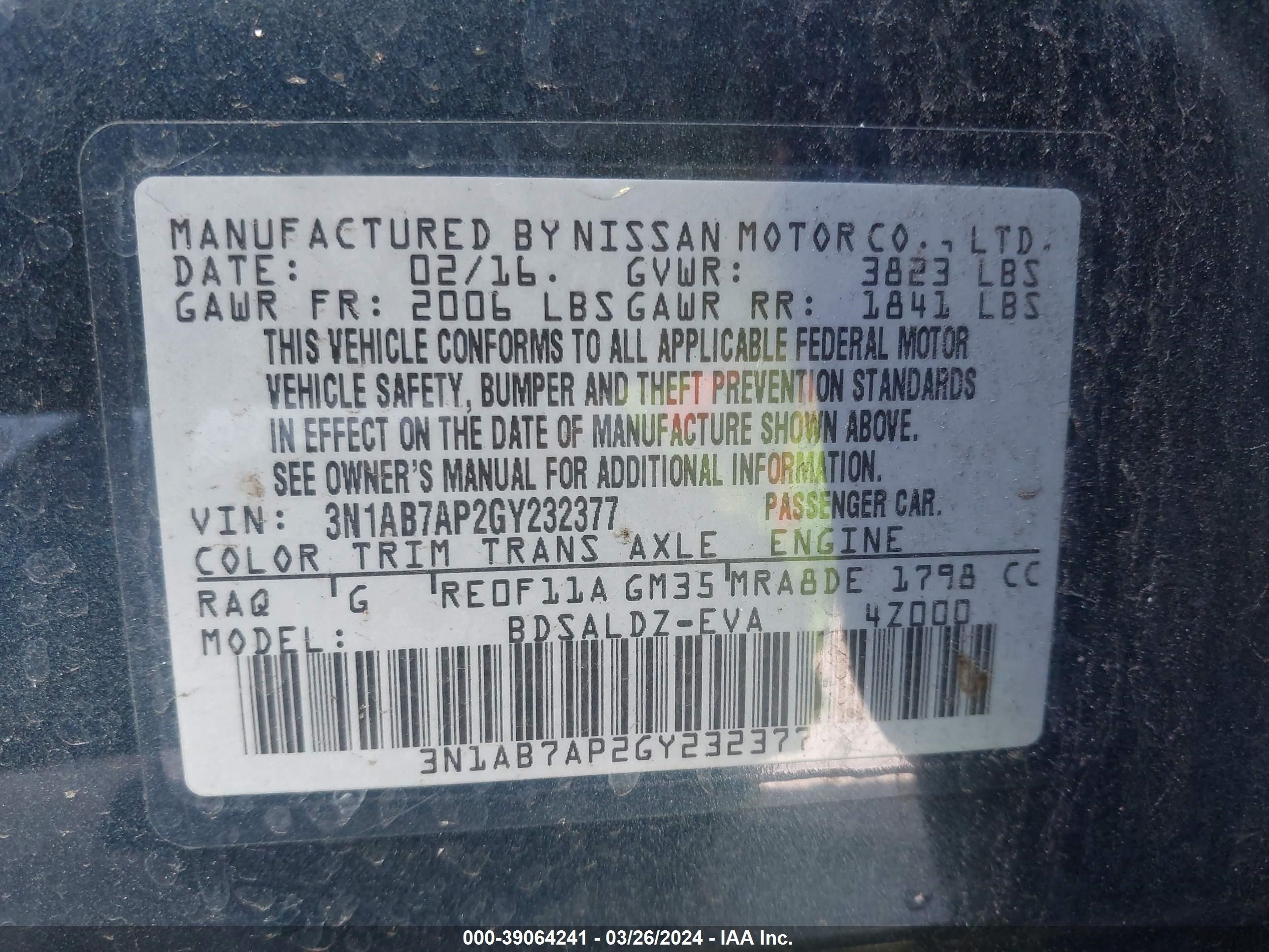 Photo 8 VIN: 3N1AB7AP2GY232377 - NISSAN SENTRA 