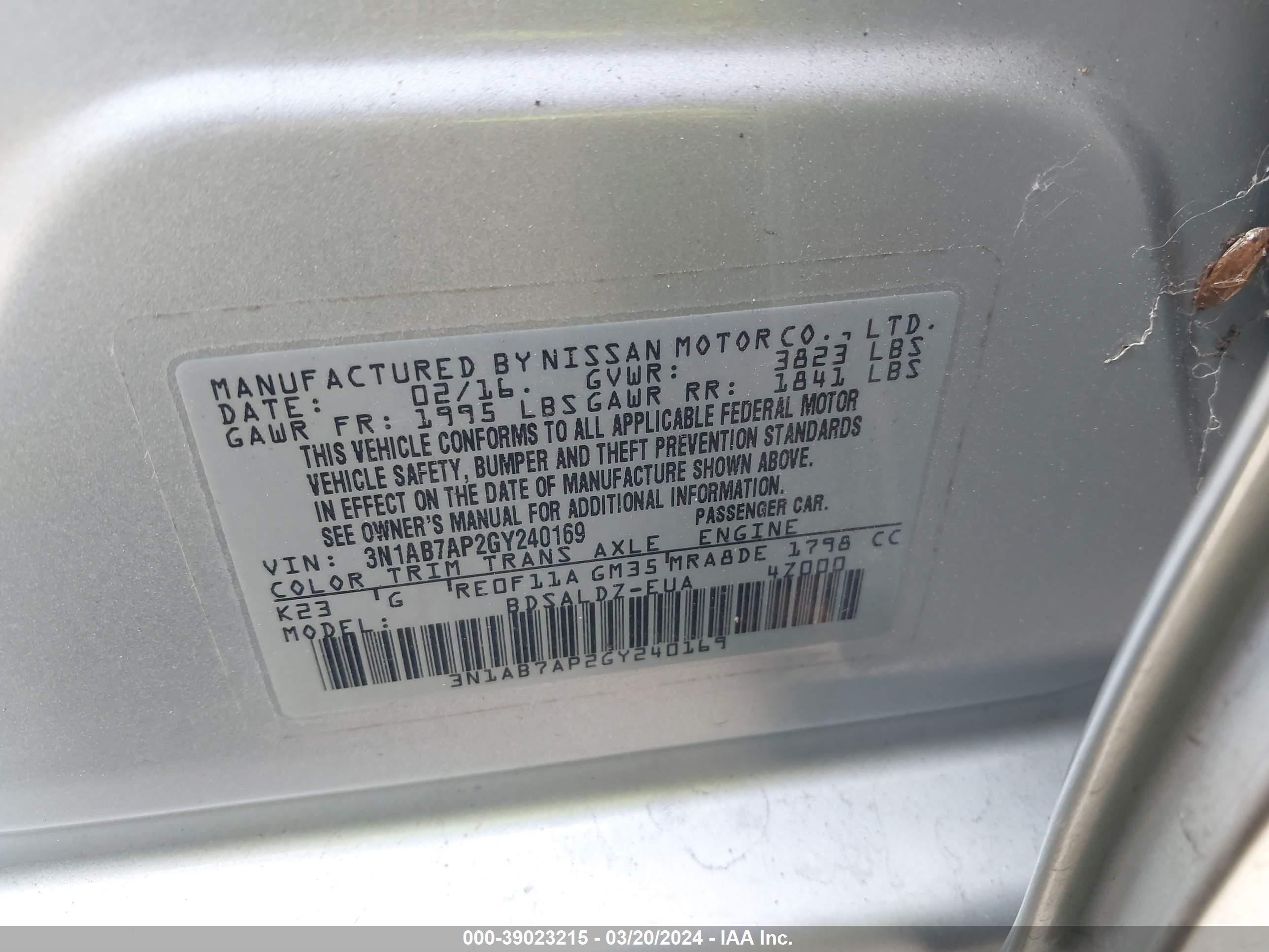 Photo 8 VIN: 3N1AB7AP2GY240169 - NISSAN SENTRA 