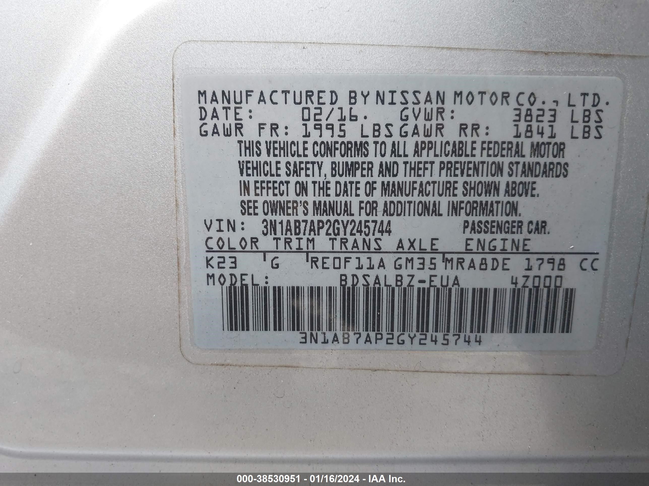 Photo 8 VIN: 3N1AB7AP2GY245744 - NISSAN SENTRA 