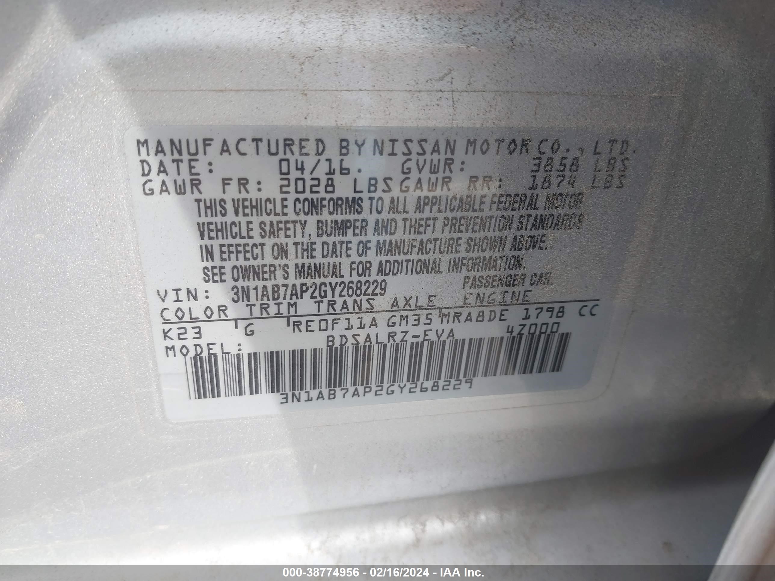 Photo 8 VIN: 3N1AB7AP2GY268229 - NISSAN SENTRA 