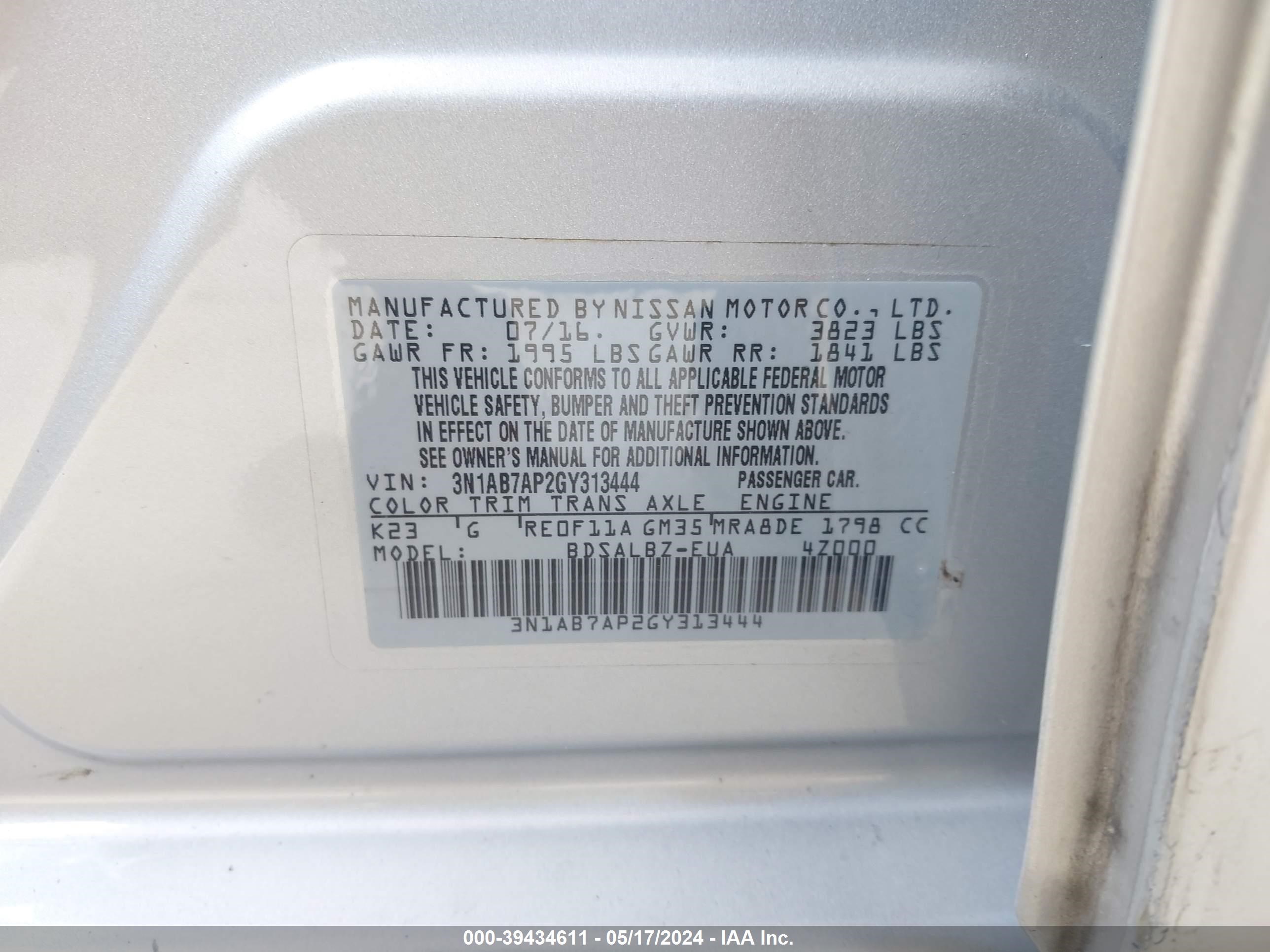 Photo 8 VIN: 3N1AB7AP2GY313444 - NISSAN SENTRA 