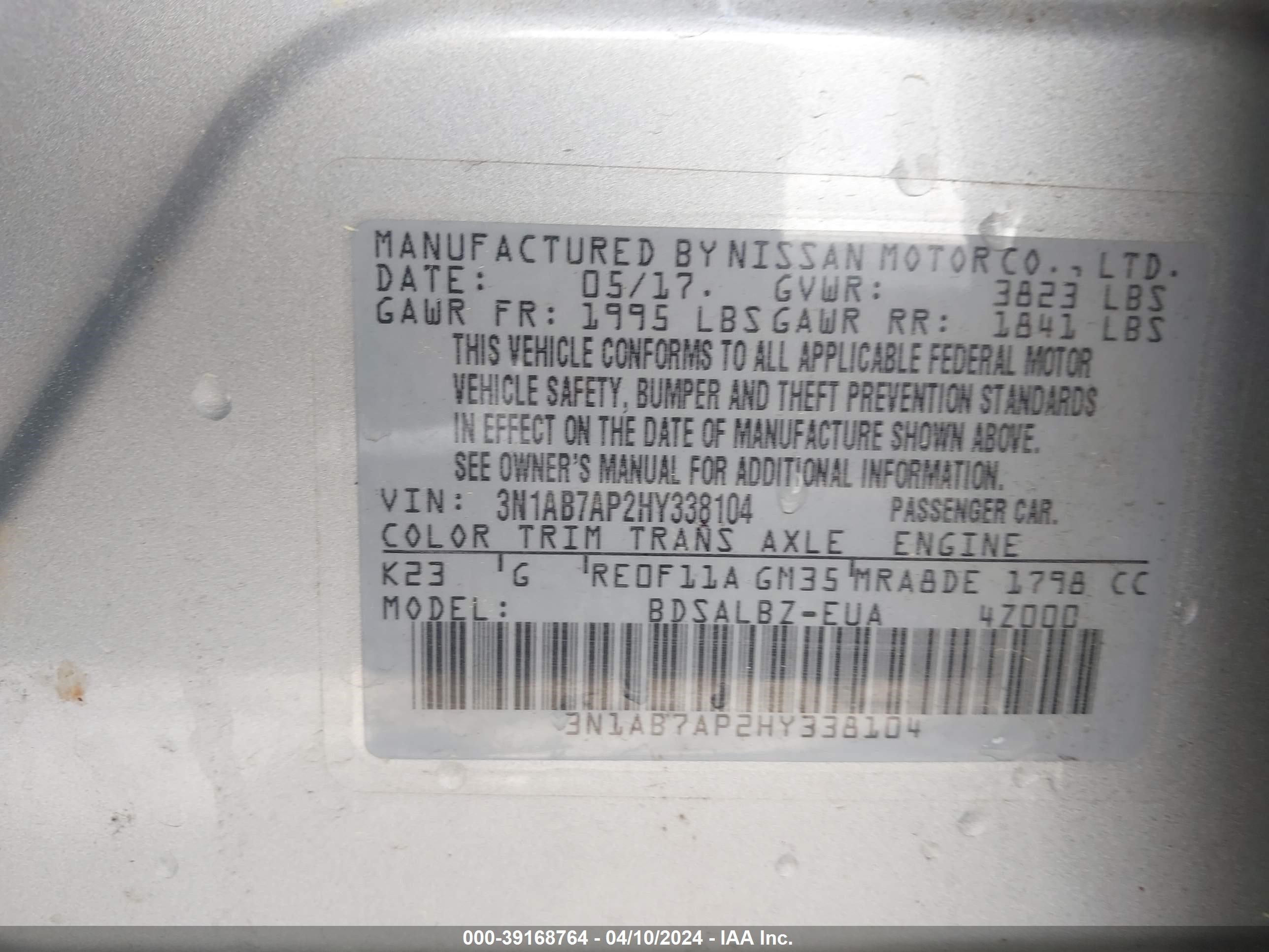 Photo 8 VIN: 3N1AB7AP2HY338104 - NISSAN SENTRA 