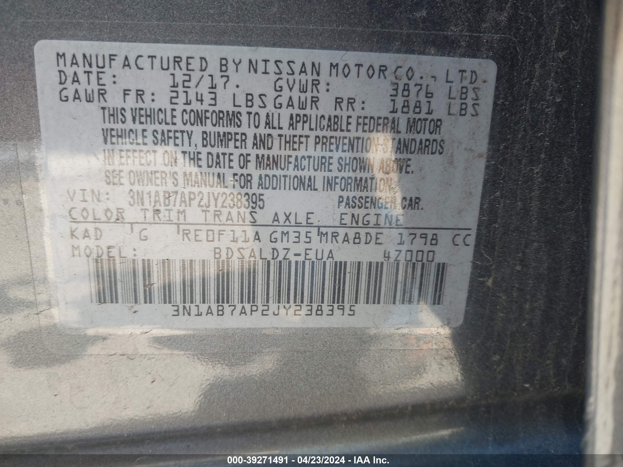 Photo 8 VIN: 3N1AB7AP2JY238395 - NISSAN SENTRA 