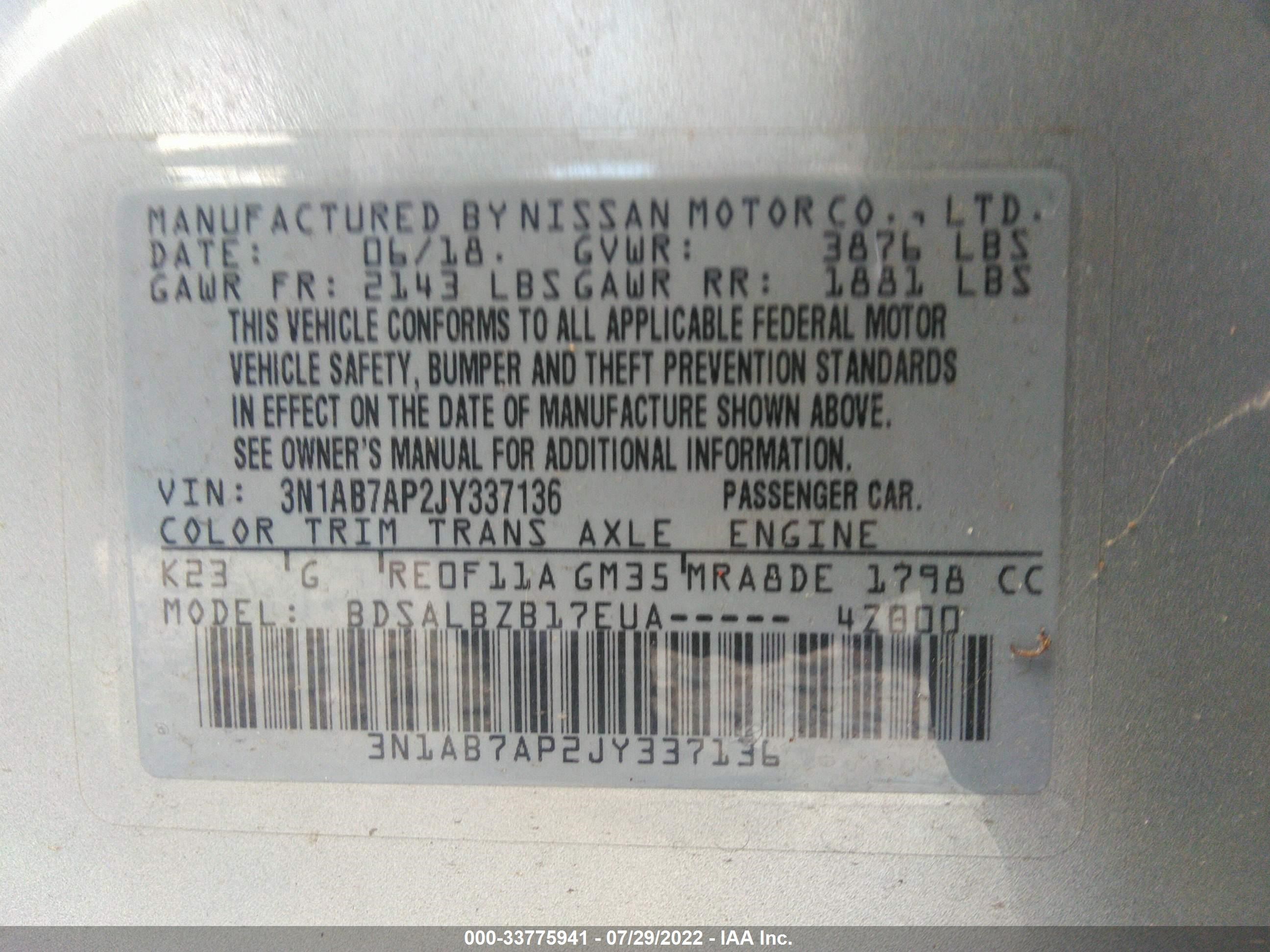 Photo 8 VIN: 3N1AB7AP2JY337136 - NISSAN SENTRA 