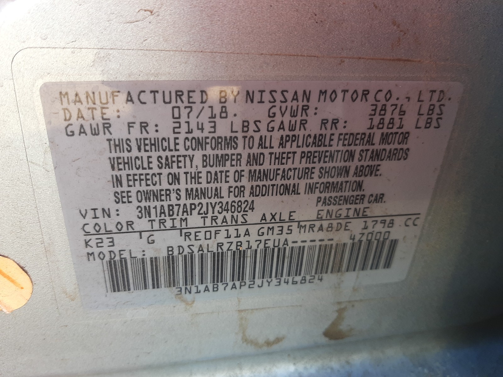 Photo 9 VIN: 3N1AB7AP2JY346824 - NISSAN SENTRA S 