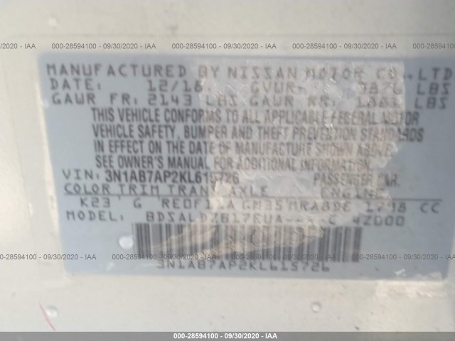 Photo 8 VIN: 3N1AB7AP2KL615726 - NISSAN SENTRA 