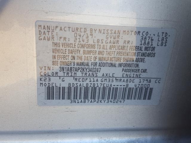 Photo 9 VIN: 3N1AB7AP2KY340247 - NISSAN SENTRA S 