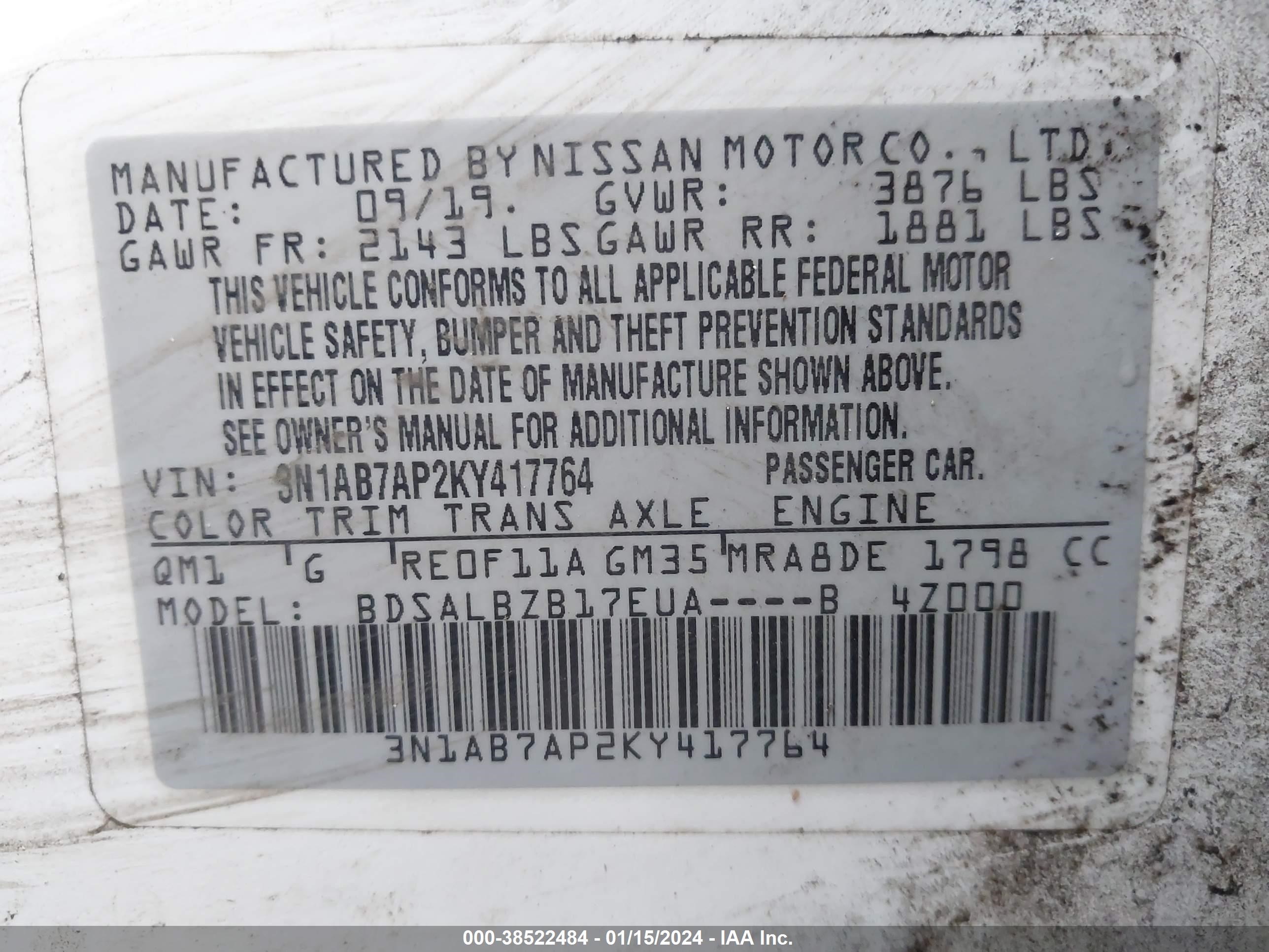 Photo 8 VIN: 3N1AB7AP2KY417764 - NISSAN SENTRA 