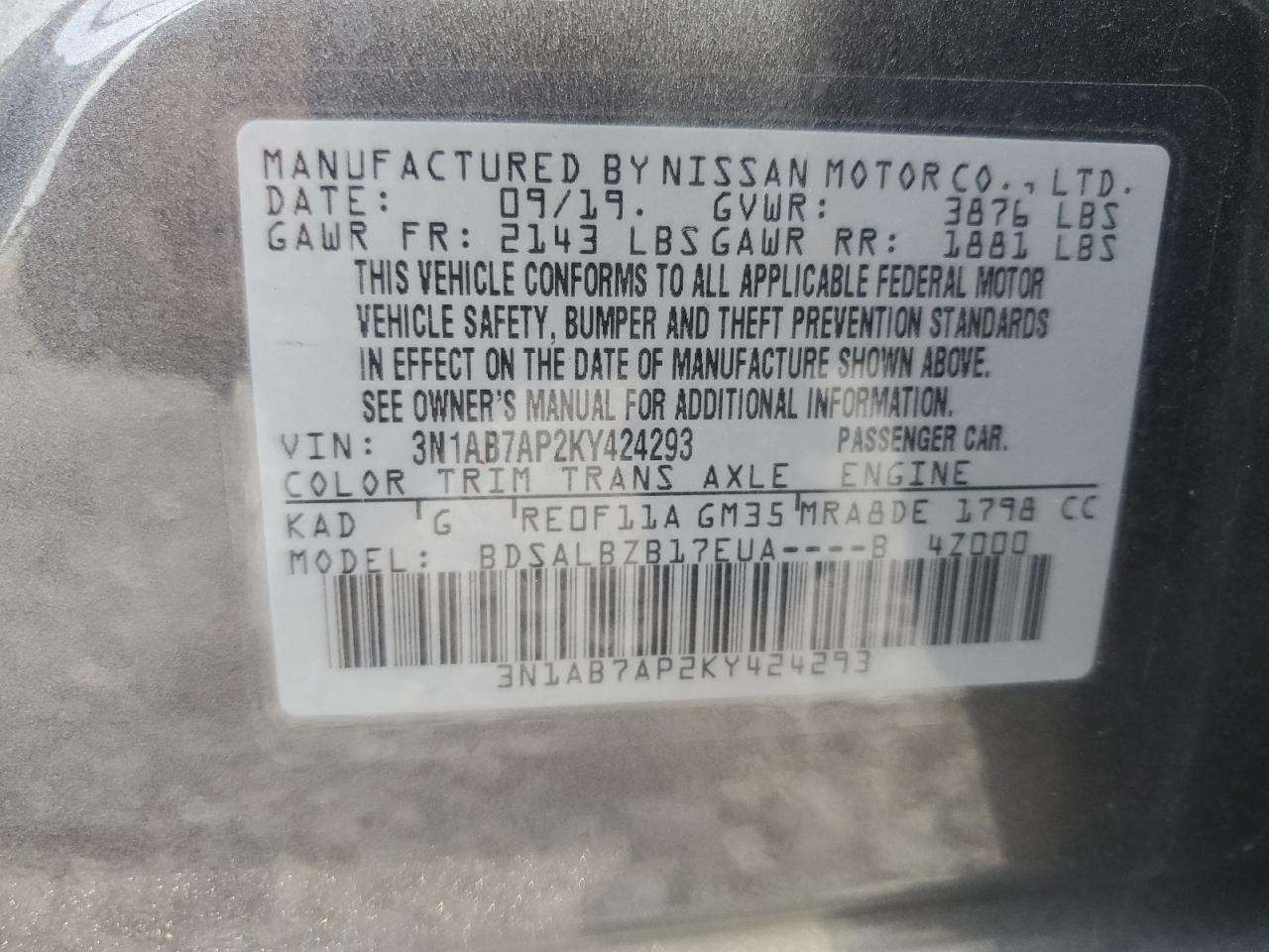 Photo 12 VIN: 3N1AB7AP2KY424293 - NISSAN SENTRA 