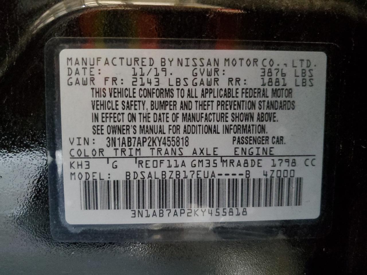 Photo 12 VIN: 3N1AB7AP2KY455818 - NISSAN SENTRA 