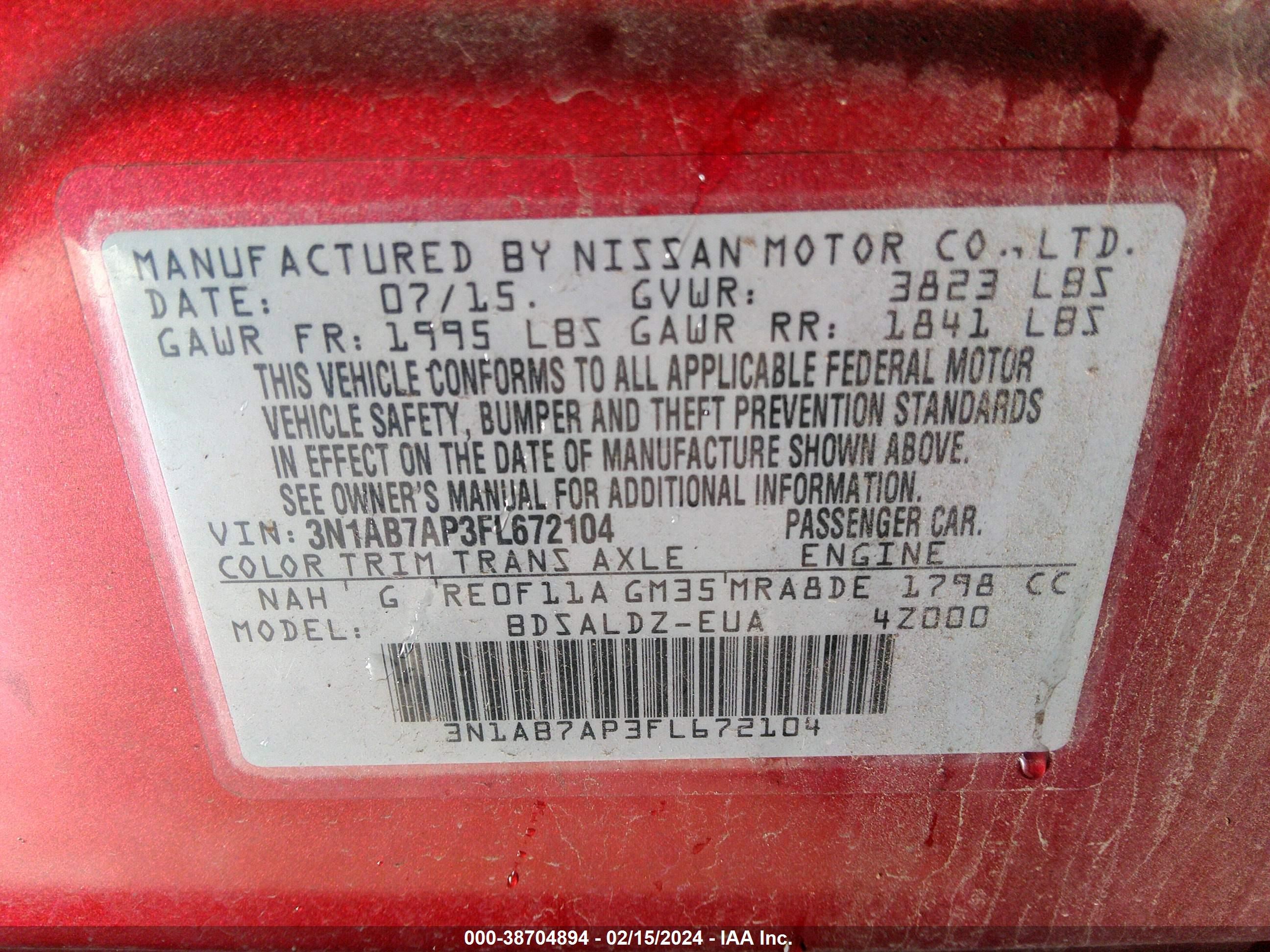 Photo 8 VIN: 3N1AB7AP3FL672104 - NISSAN SENTRA 