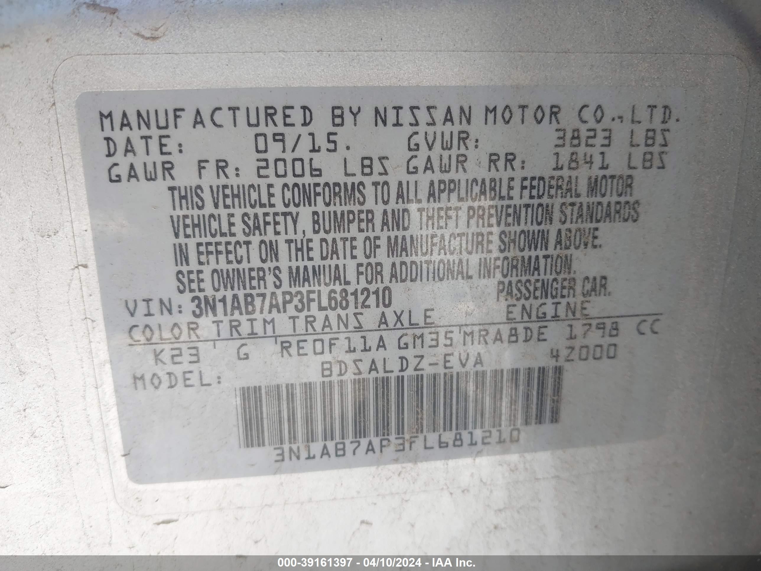 Photo 8 VIN: 3N1AB7AP3FL681210 - NISSAN SENTRA 