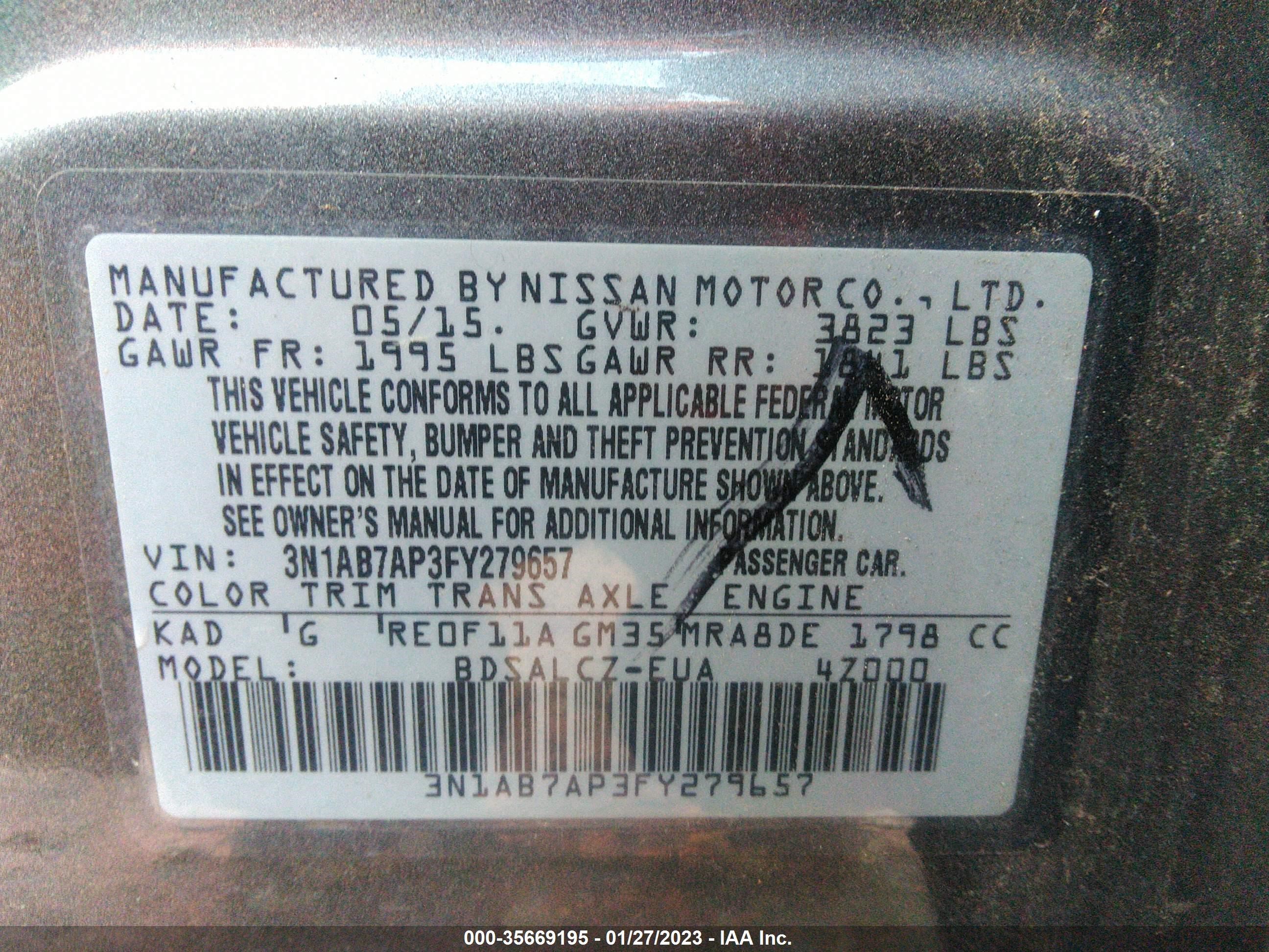 Photo 8 VIN: 3N1AB7AP3FY279657 - NISSAN SENTRA 