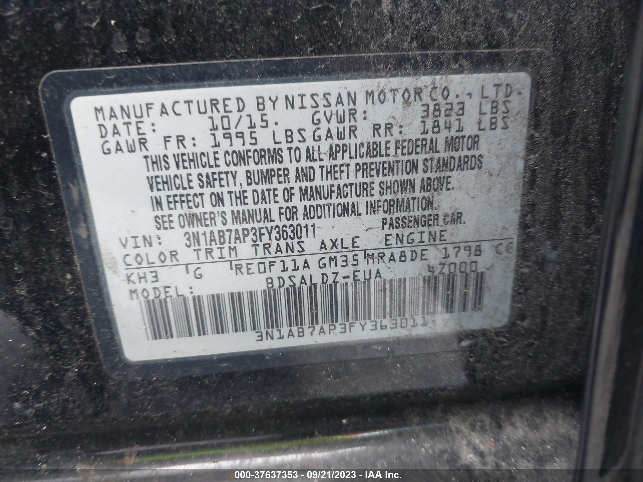 Photo 8 VIN: 3N1AB7AP3FY363011 - NISSAN SENTRA 