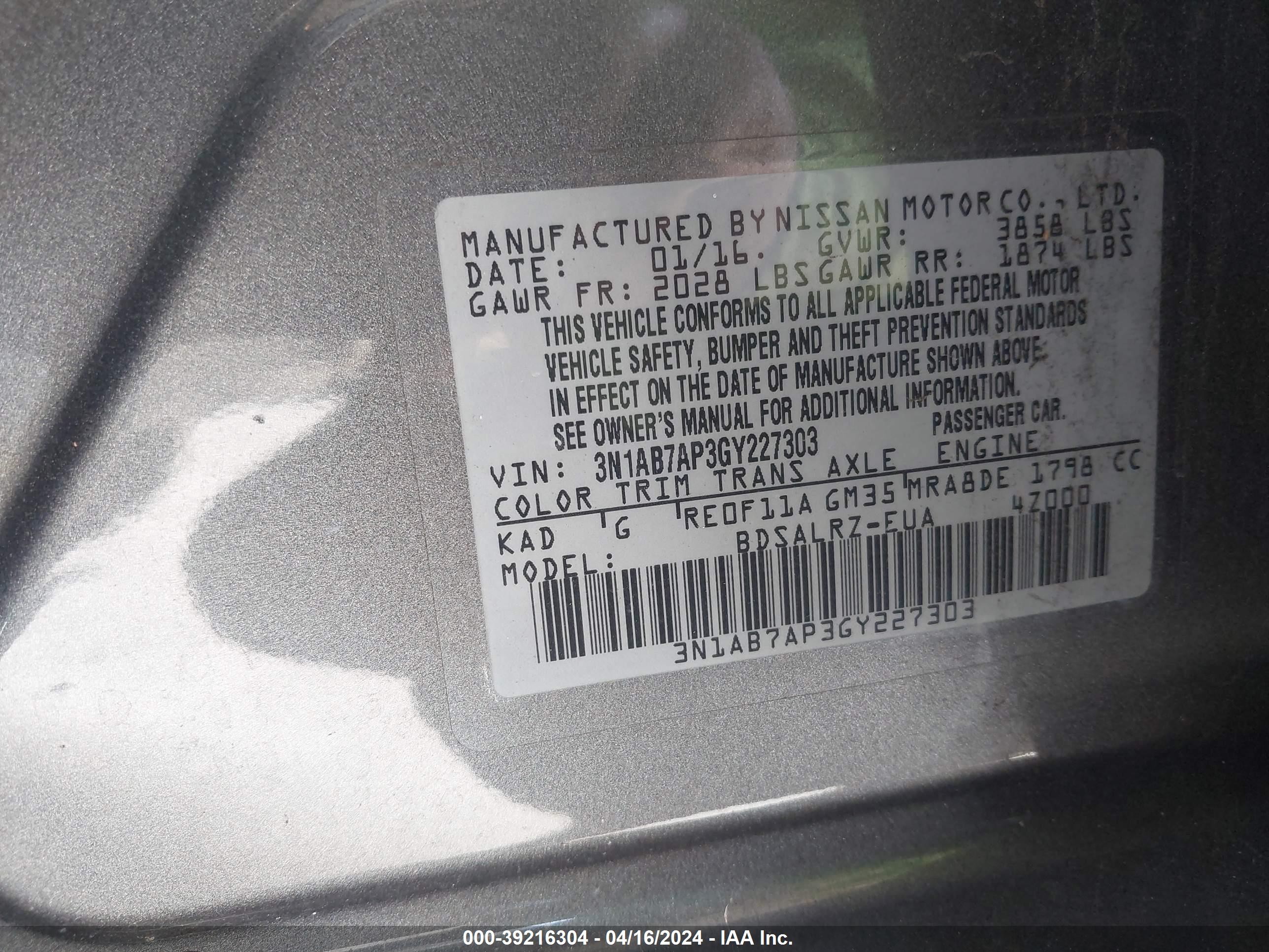 Photo 8 VIN: 3N1AB7AP3GY227303 - NISSAN SENTRA 