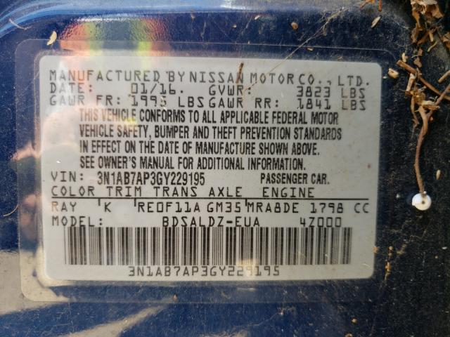 Photo 9 VIN: 3N1AB7AP3GY229195 - NISSAN SENTRA S 