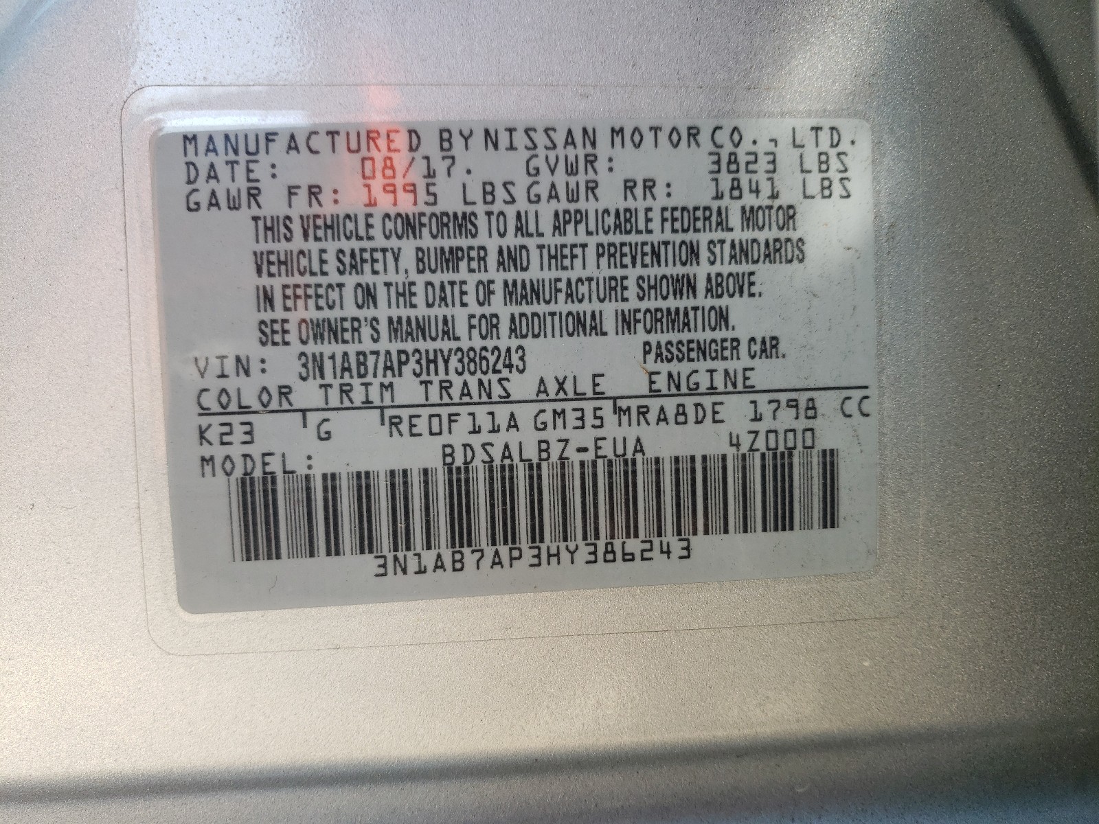 Photo 9 VIN: 3N1AB7AP3HY386243 - NISSAN SENTRA S 