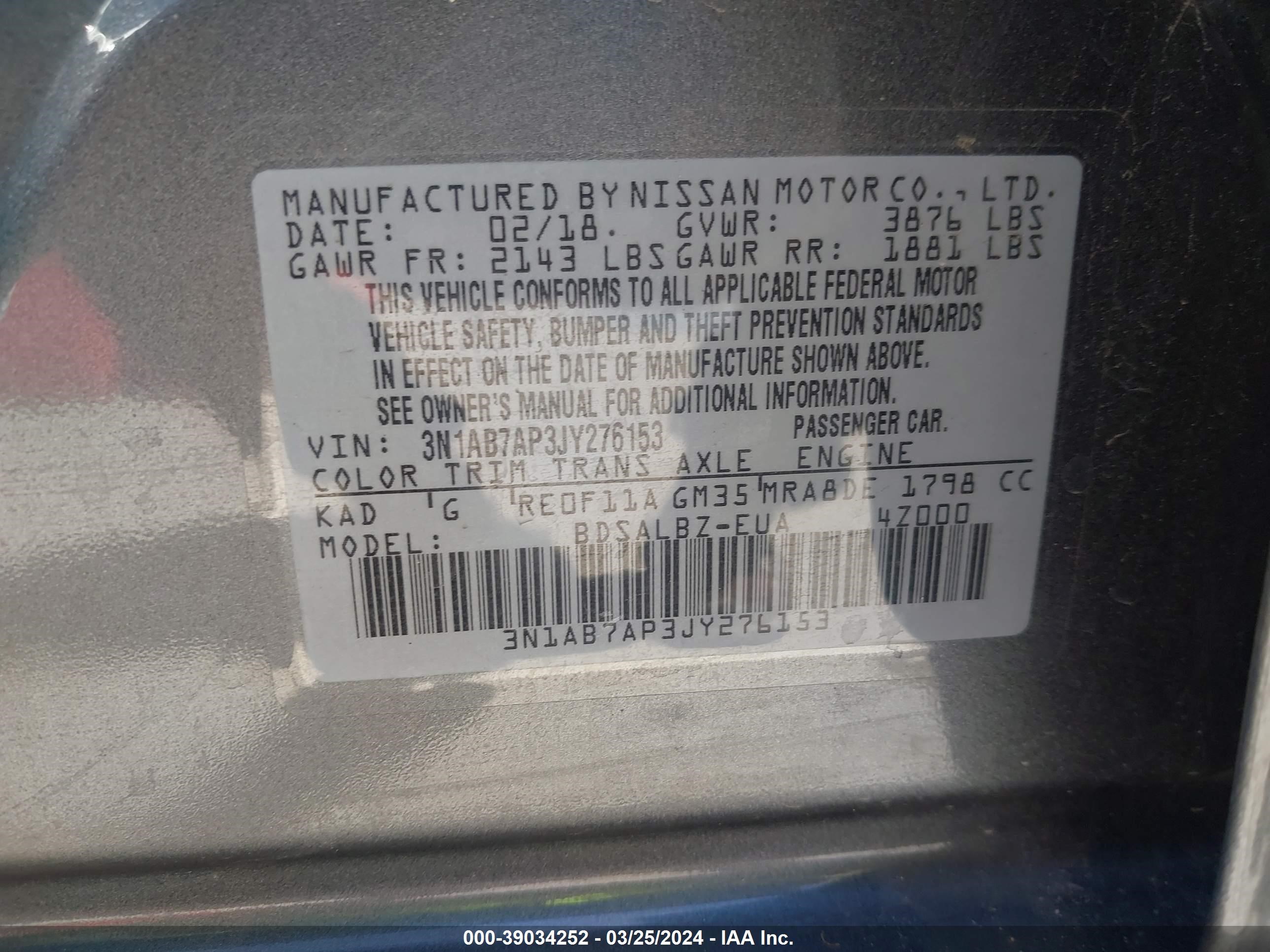 Photo 8 VIN: 3N1AB7AP3JY276153 - NISSAN SENTRA 