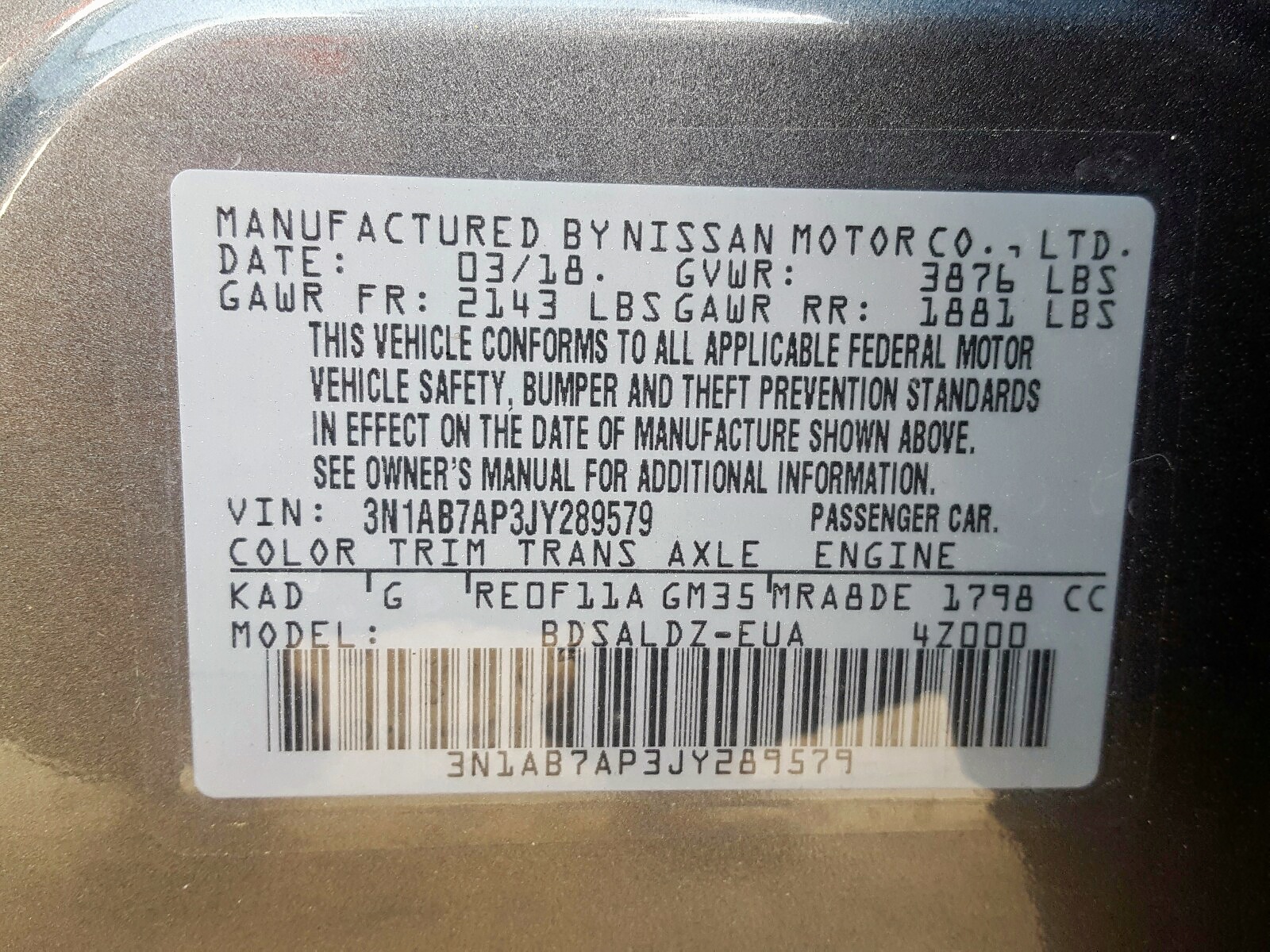 Photo 9 VIN: 3N1AB7AP3JY289579 - NISSAN SENTRA S 