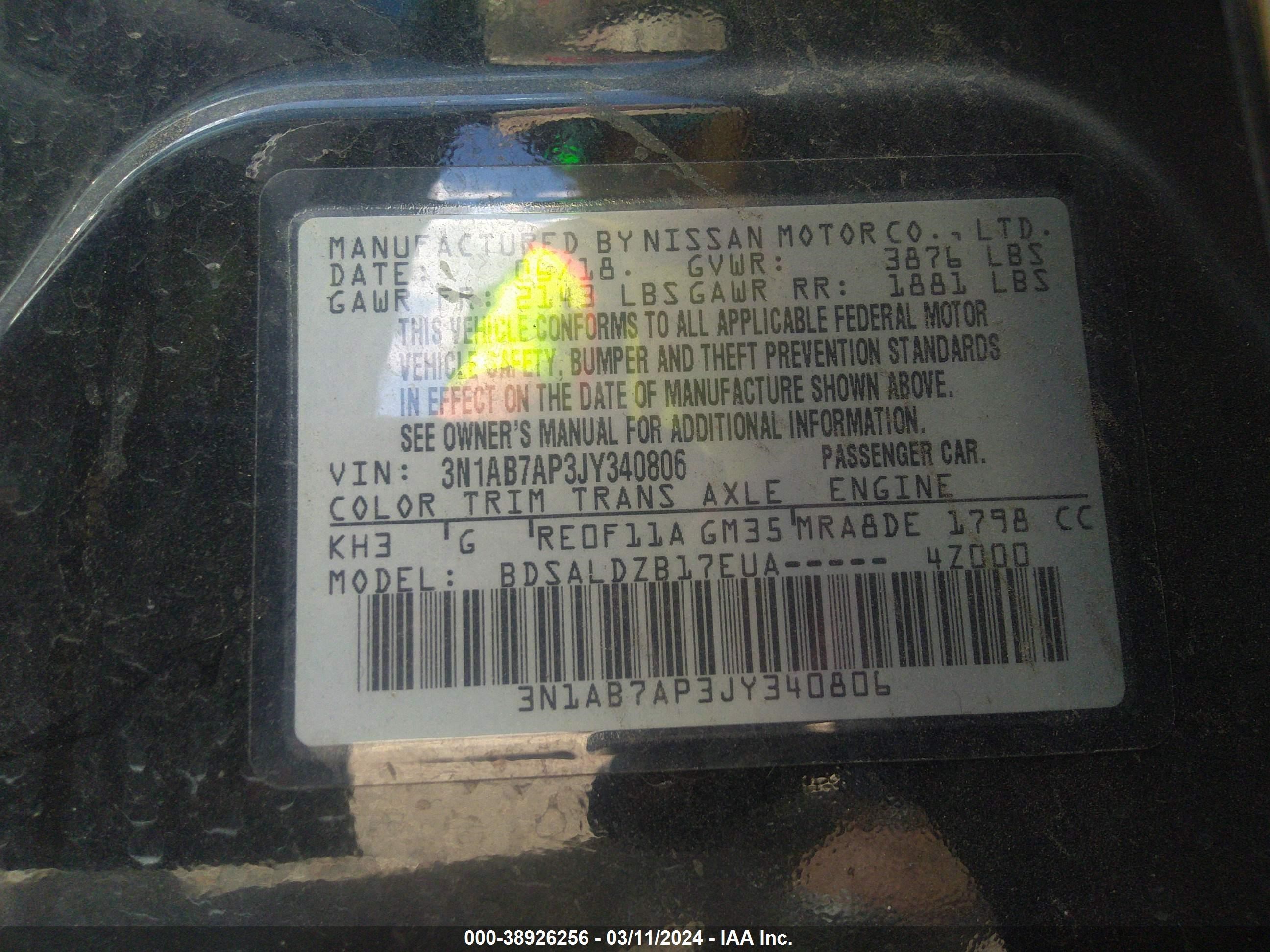 Photo 8 VIN: 3N1AB7AP3JY340806 - NISSAN SENTRA 