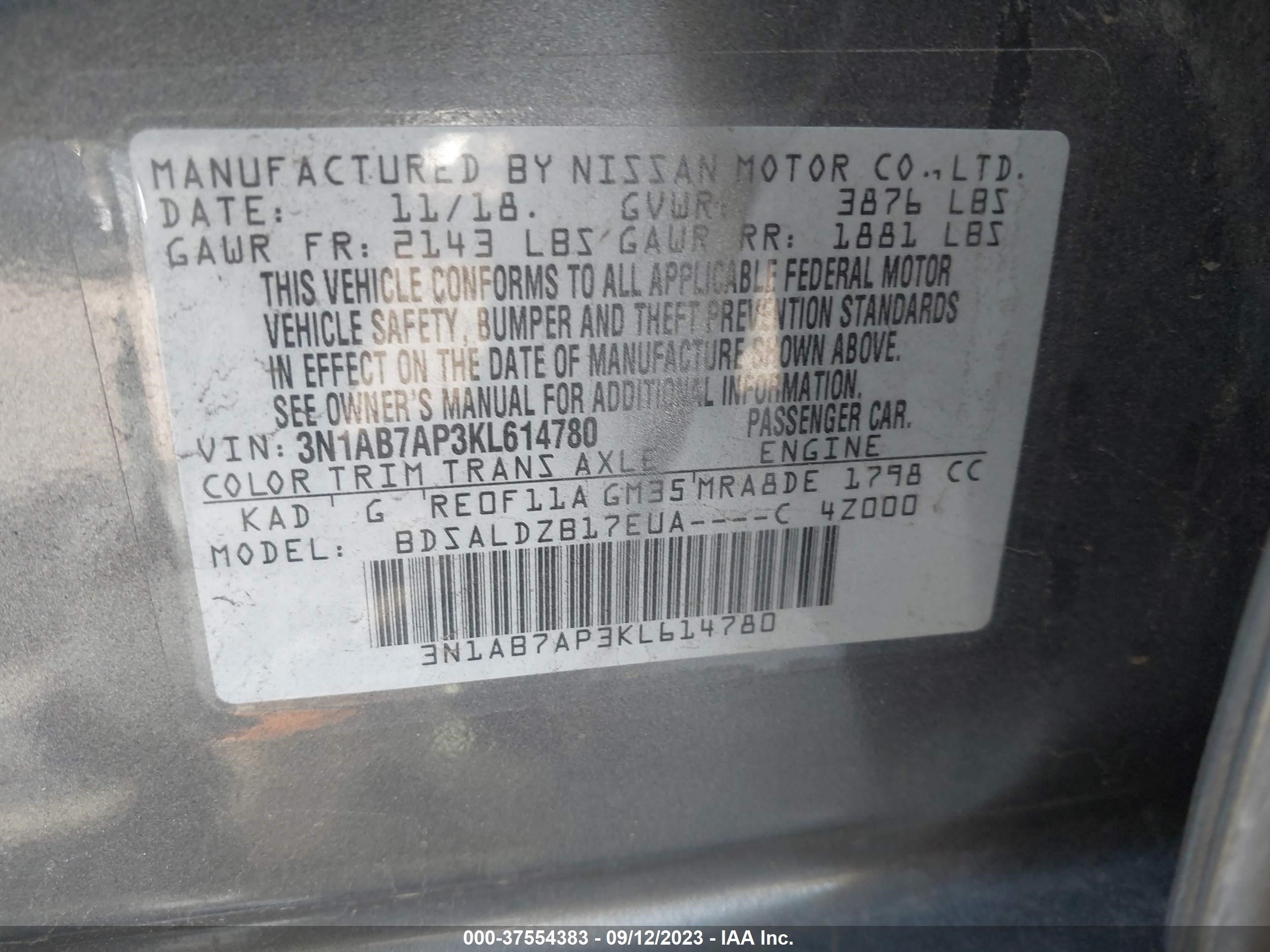 Photo 8 VIN: 3N1AB7AP3KL614780 - NISSAN SENTRA 