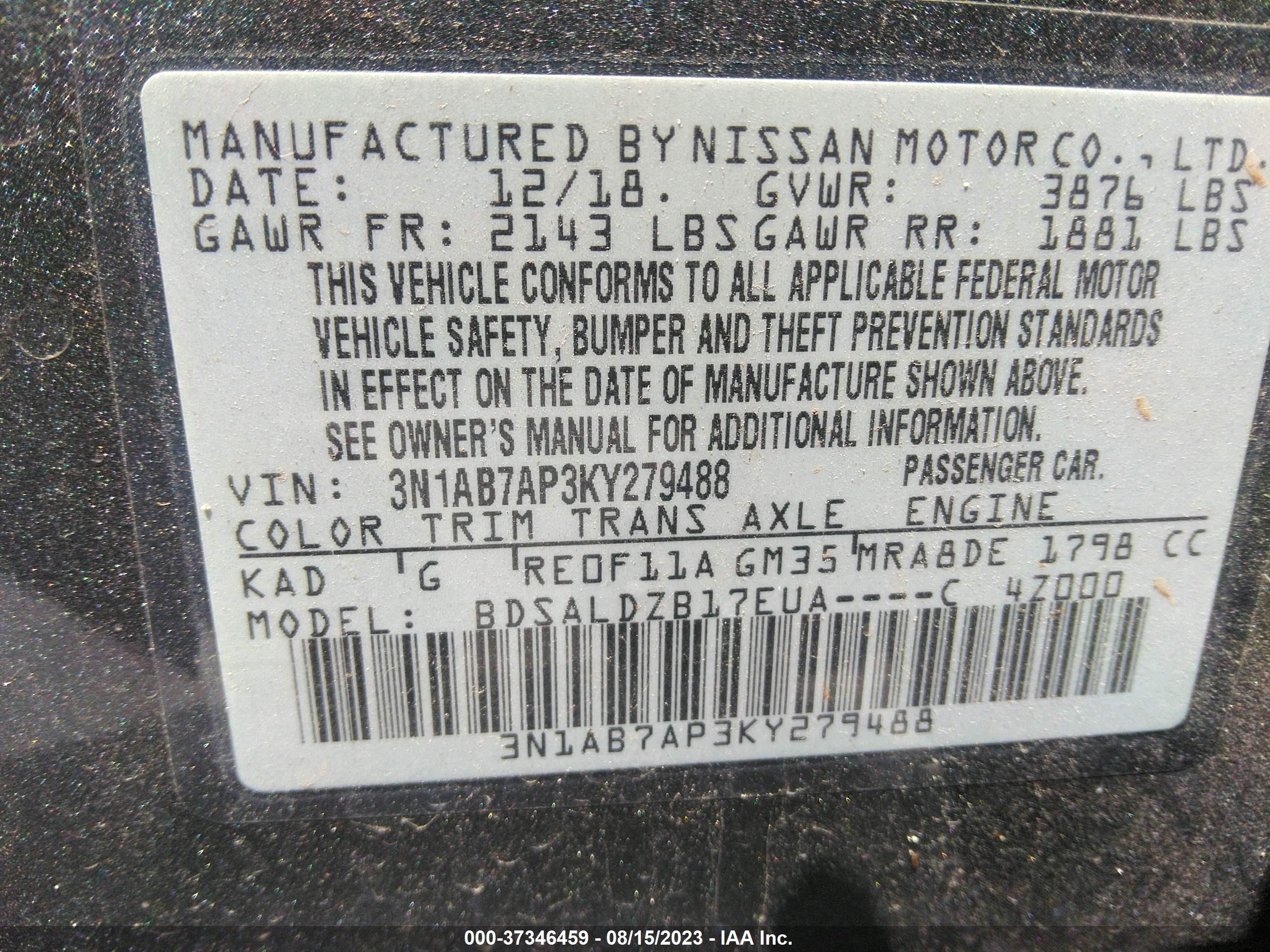 Photo 8 VIN: 3N1AB7AP3KY279488 - NISSAN SENTRA 