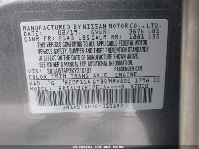 Photo 8 VIN: 3N1AB7AP3KY310187 - NISSAN SENTRA 