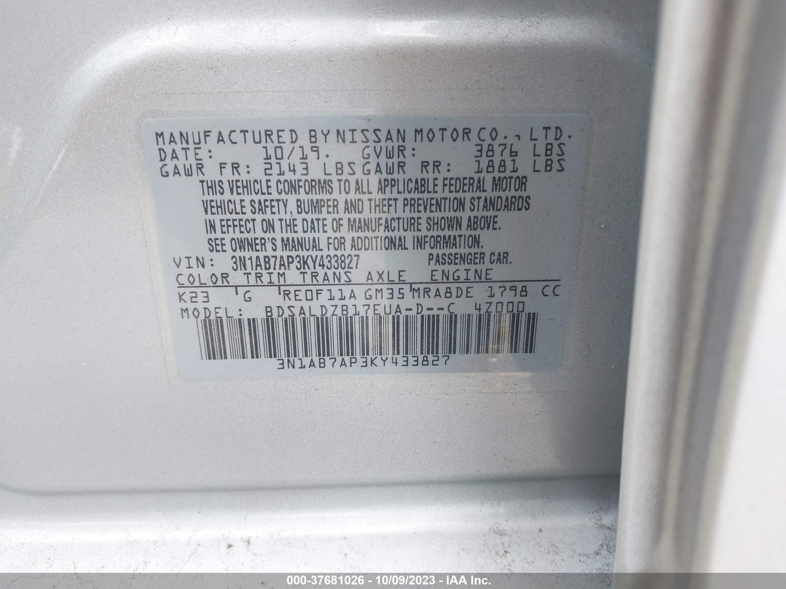 Photo 8 VIN: 3N1AB7AP3KY433827 - NISSAN SENTRA 