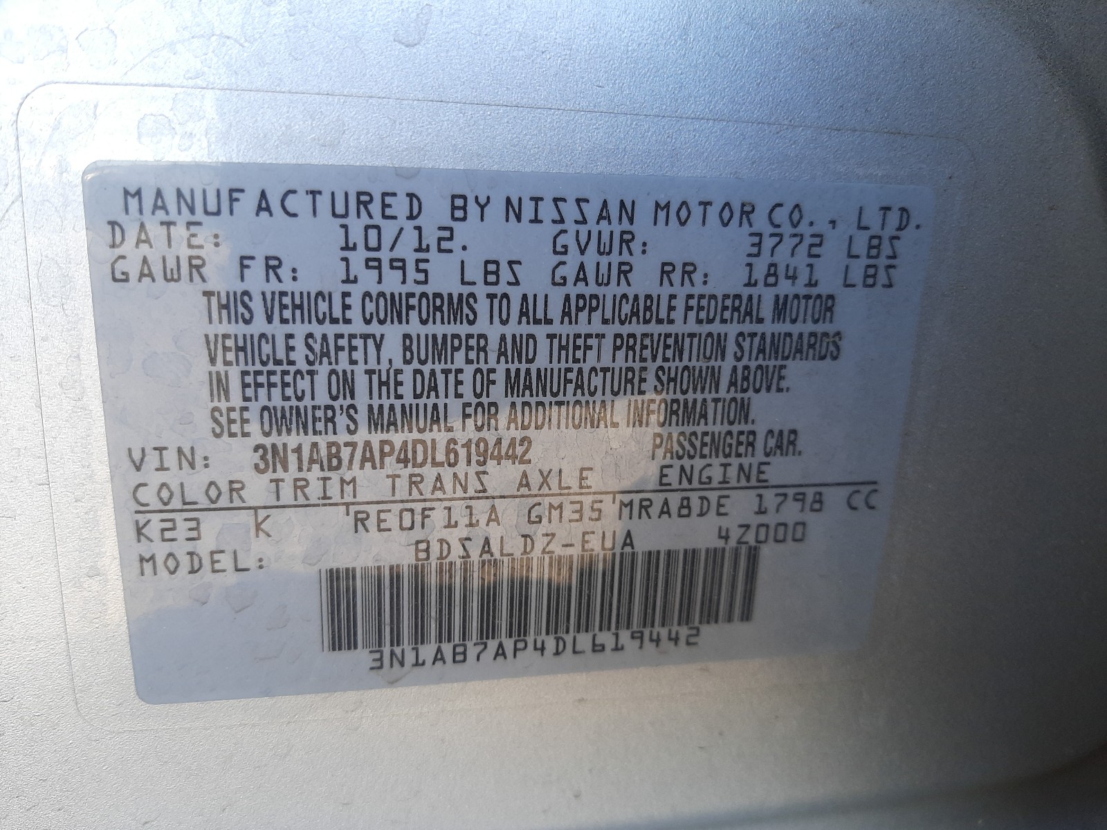 Photo 9 VIN: 3N1AB7AP4DL619442 - NISSAN SENTRA S 