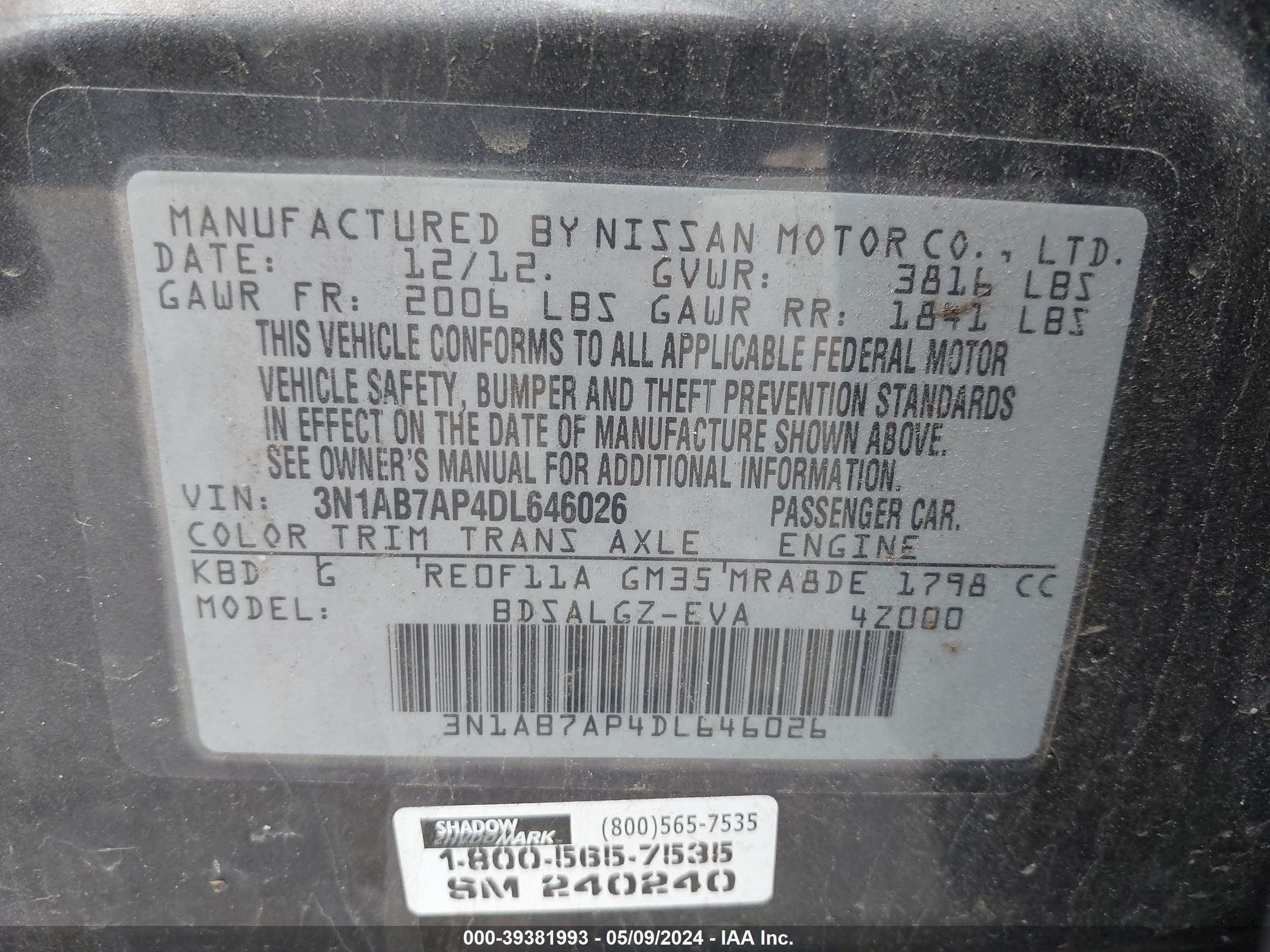 Photo 8 VIN: 3N1AB7AP4DL646026 - NISSAN SENTRA 