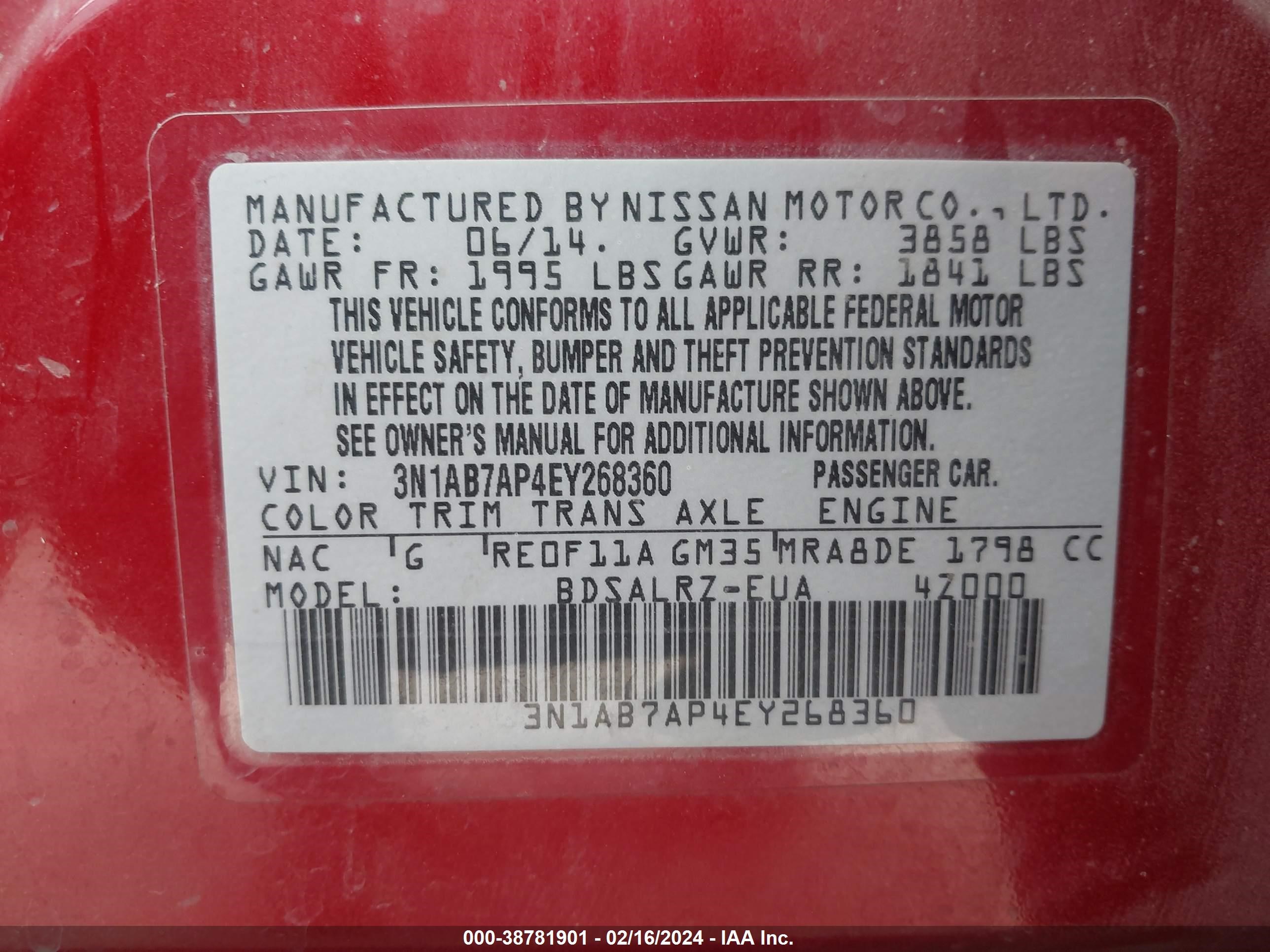 Photo 8 VIN: 3N1AB7AP4EY268360 - NISSAN SENTRA 