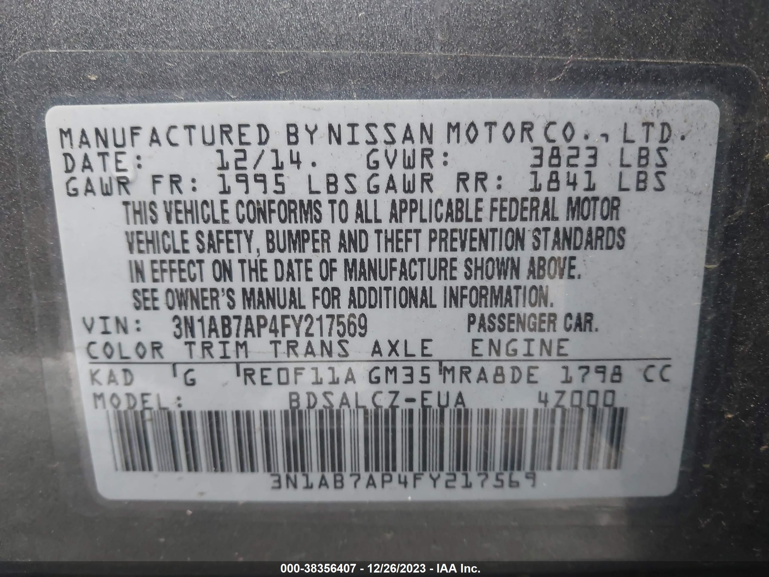 Photo 8 VIN: 3N1AB7AP4FY217569 - NISSAN SENTRA 