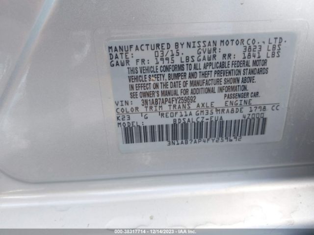 Photo 8 VIN: 3N1AB7AP4FY259692 - NISSAN SENTRA 