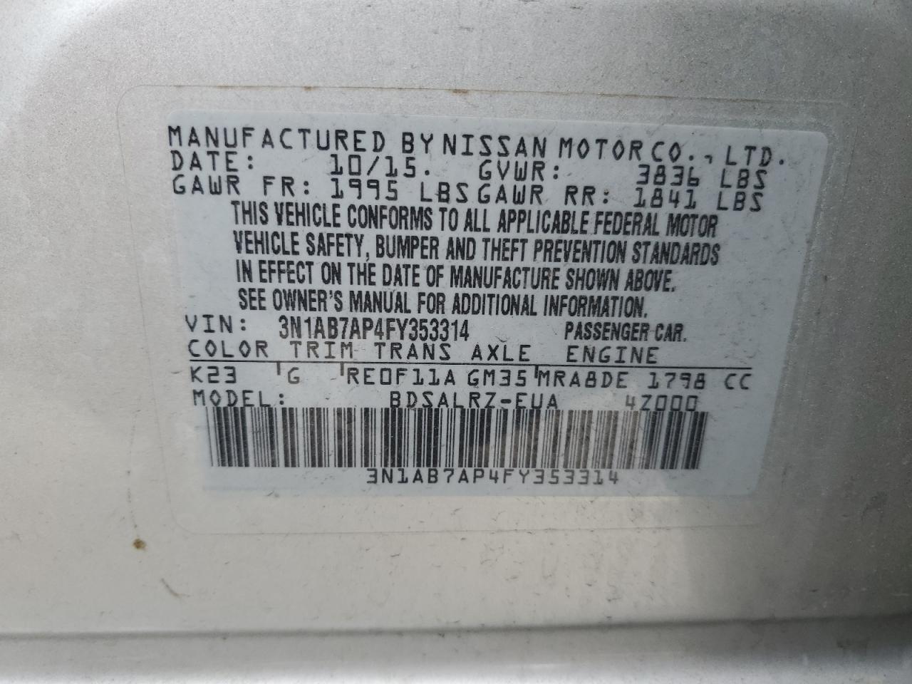 Photo 11 VIN: 3N1AB7AP4FY353314 - NISSAN SENTRA 