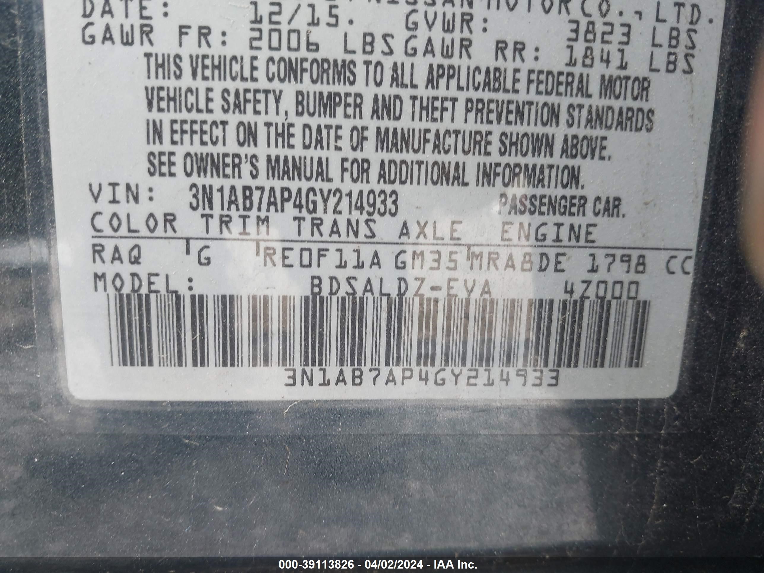 Photo 8 VIN: 3N1AB7AP4GY214933 - NISSAN SENTRA 