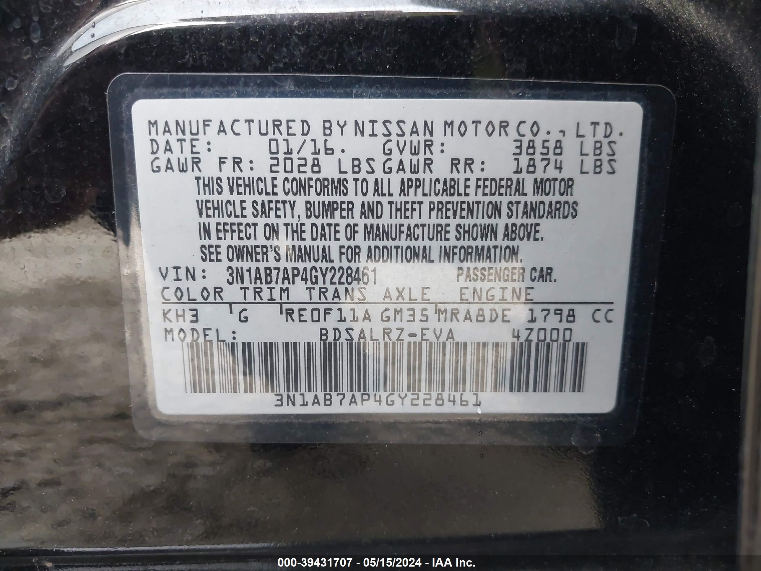 Photo 8 VIN: 3N1AB7AP4GY228461 - NISSAN SENTRA 