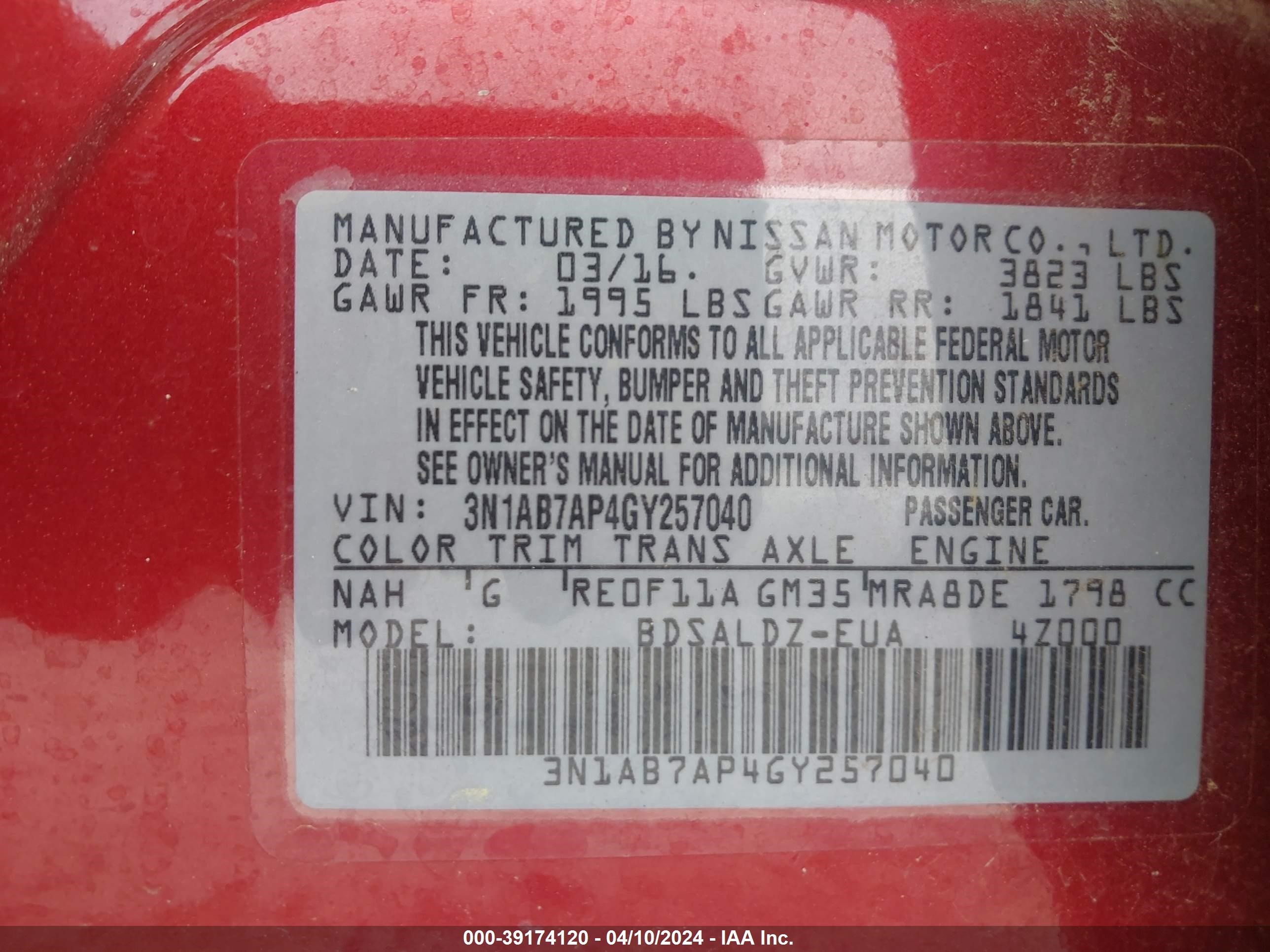 Photo 8 VIN: 3N1AB7AP4GY257040 - NISSAN SENTRA 