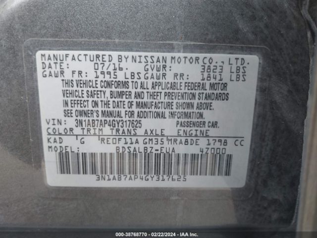 Photo 8 VIN: 3N1AB7AP4GY317625 - NISSAN SENTRA 