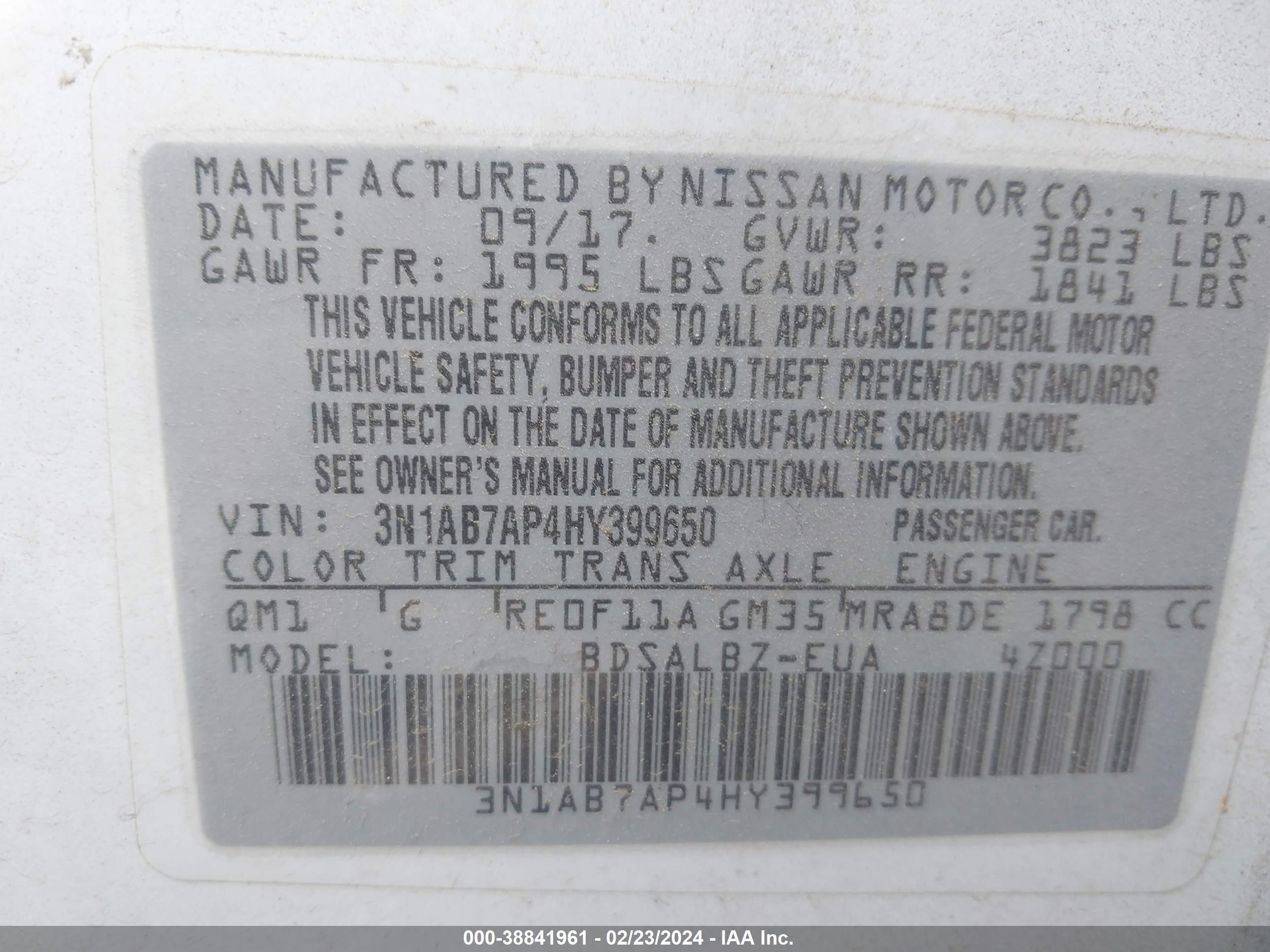 Photo 9 VIN: 3N1AB7AP4HY399650 - NISSAN SENTRA 