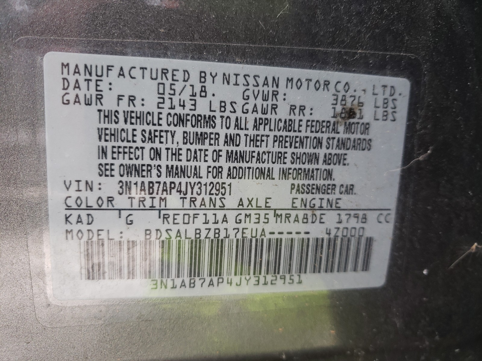 Photo 9 VIN: 3N1AB7AP4JY312951 - NISSAN SENTRA S 